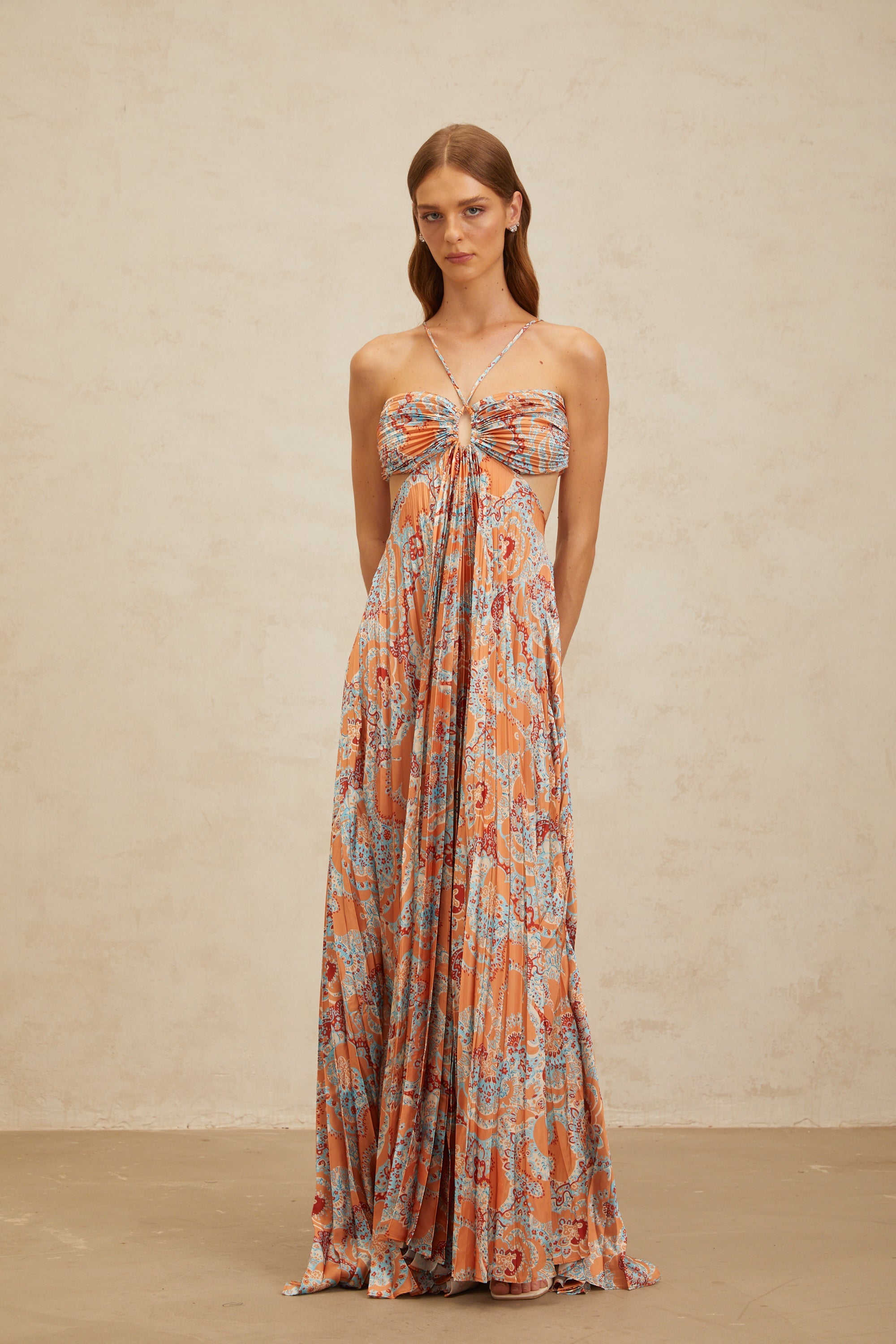 Andréa Orange Floral Print Pleated Maxi Dress with Cutout Detail