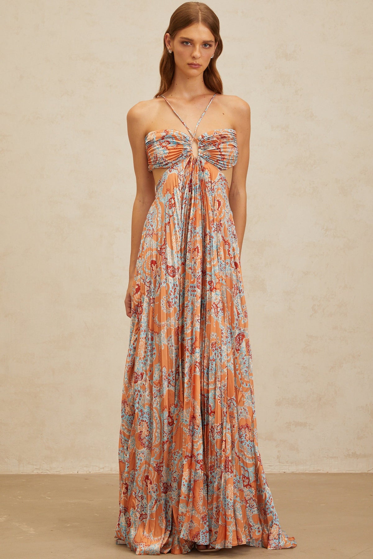 Andréa Orange Floral Print Pleated Maxi Dress with Cutout Detail