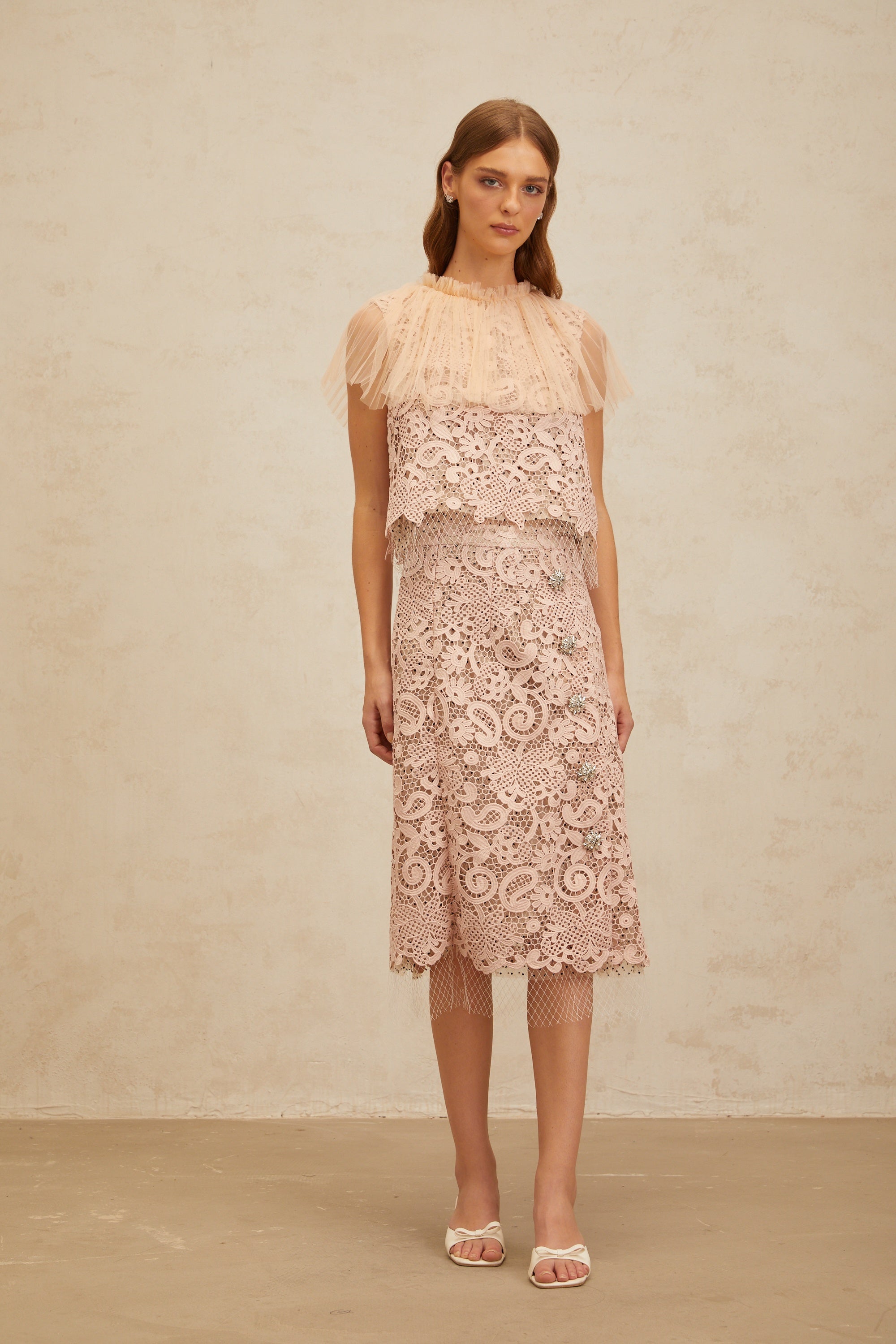 Estelle Pink Corded Lace Top & Skirt Set