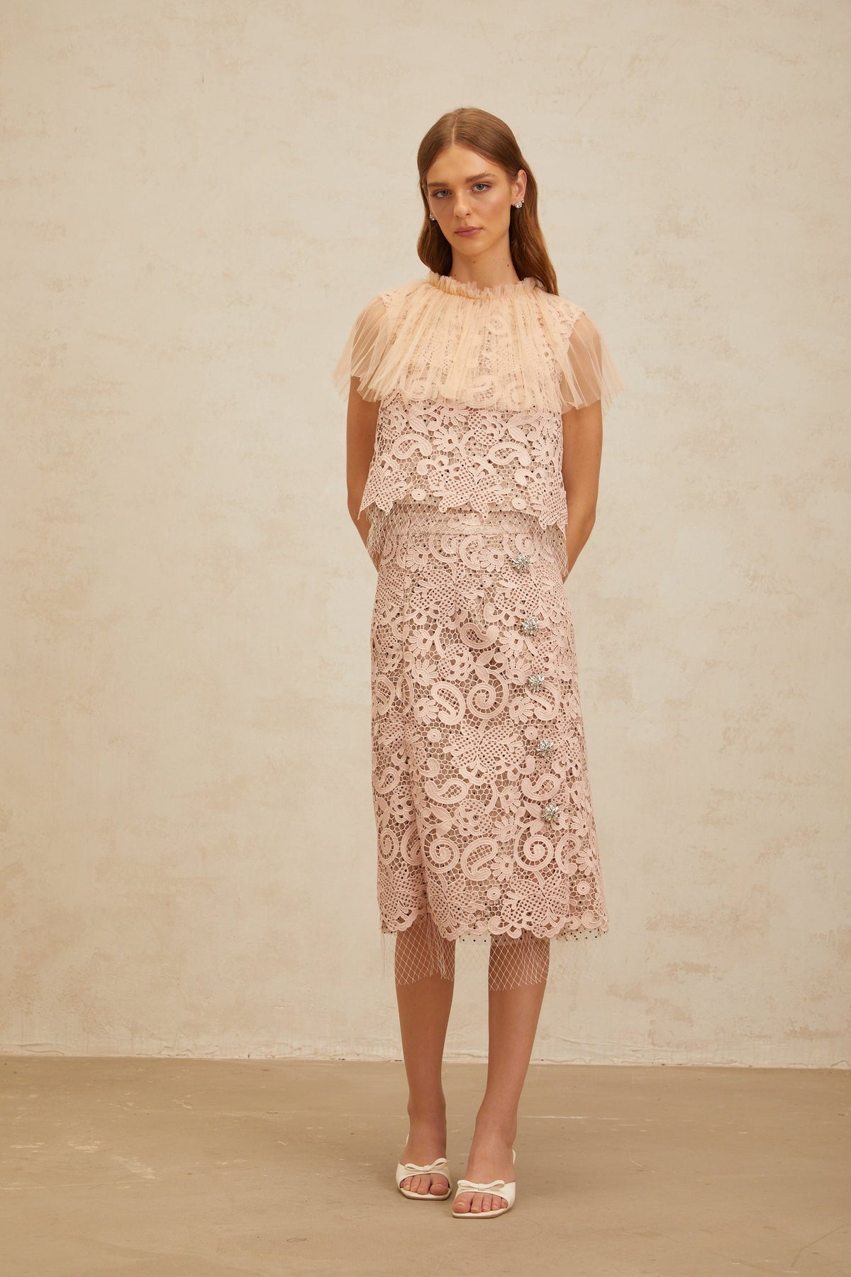 Estelle Pink Corded Lace Top & Skirt Set