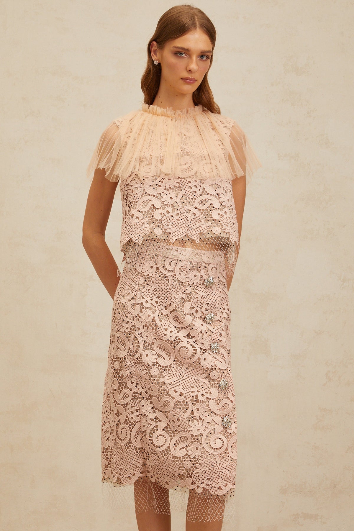 Estelle Pink Corded Lace Top & Skirt Set