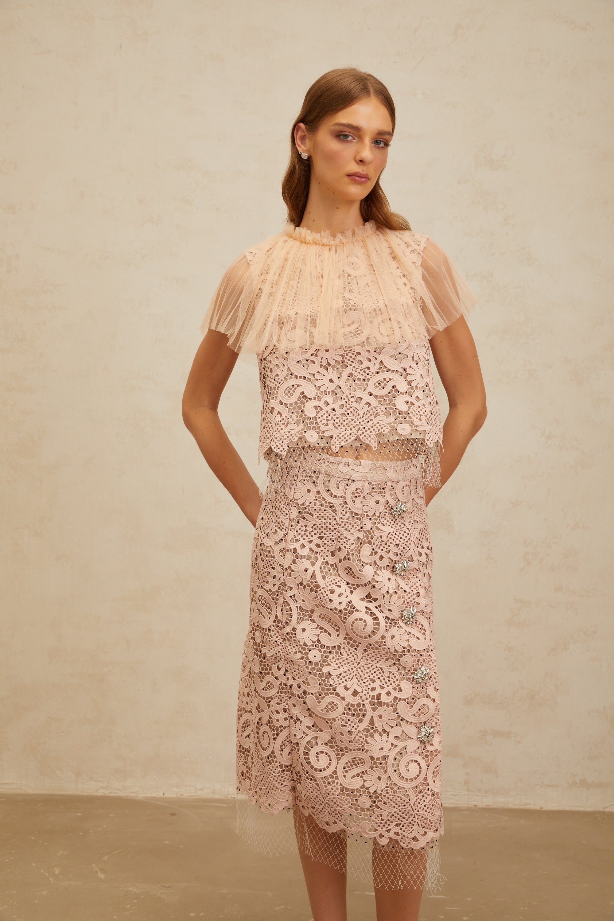 Estelle Pink Corded Lace Top & Skirt Set