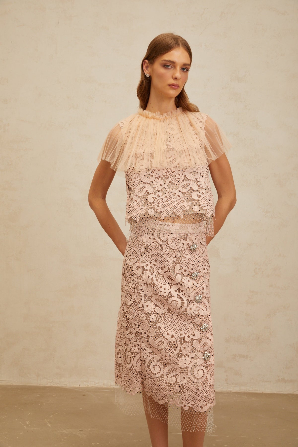 Estelle Pink Corded Lace Top & Skirt Set