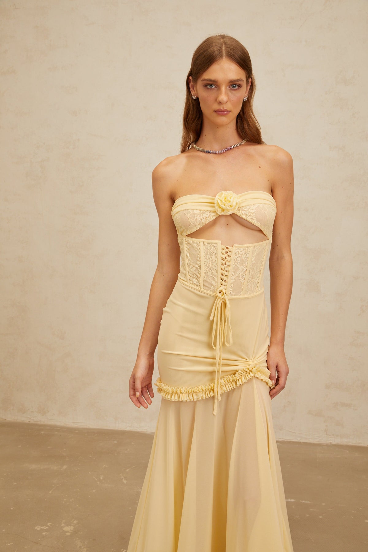 Estelle Yellow Lace Panel Corset Maxi Dress