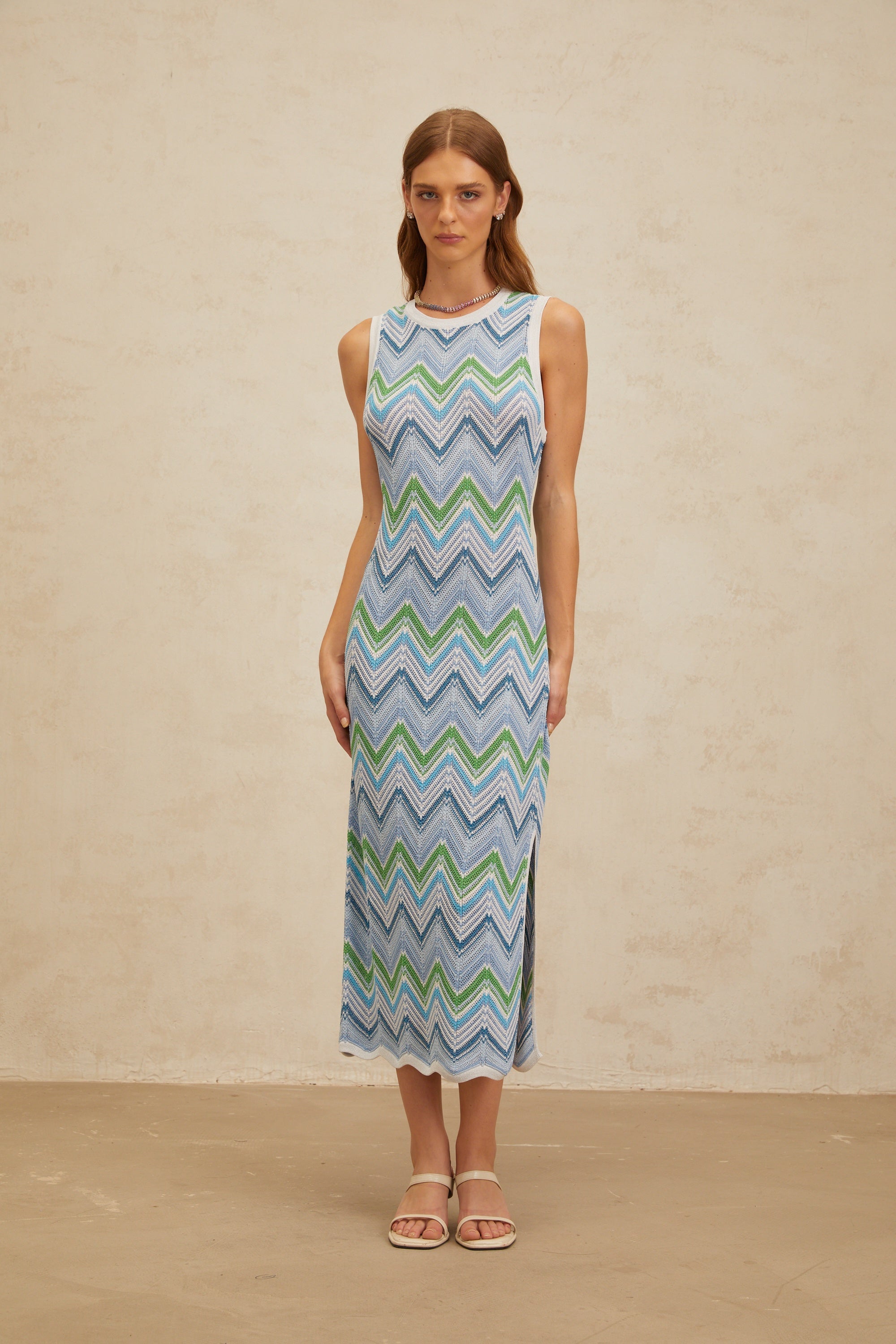 Solène Blue Chevron Knit Midi Dress