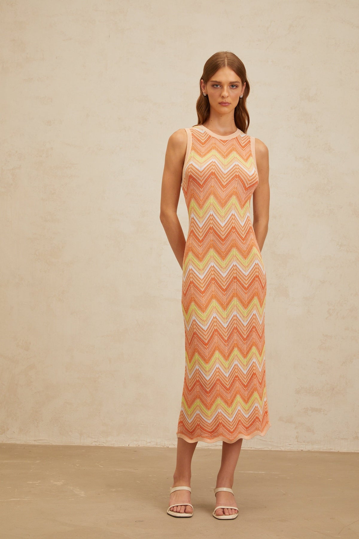 Solène Orange Chevron Knit Midi Dress