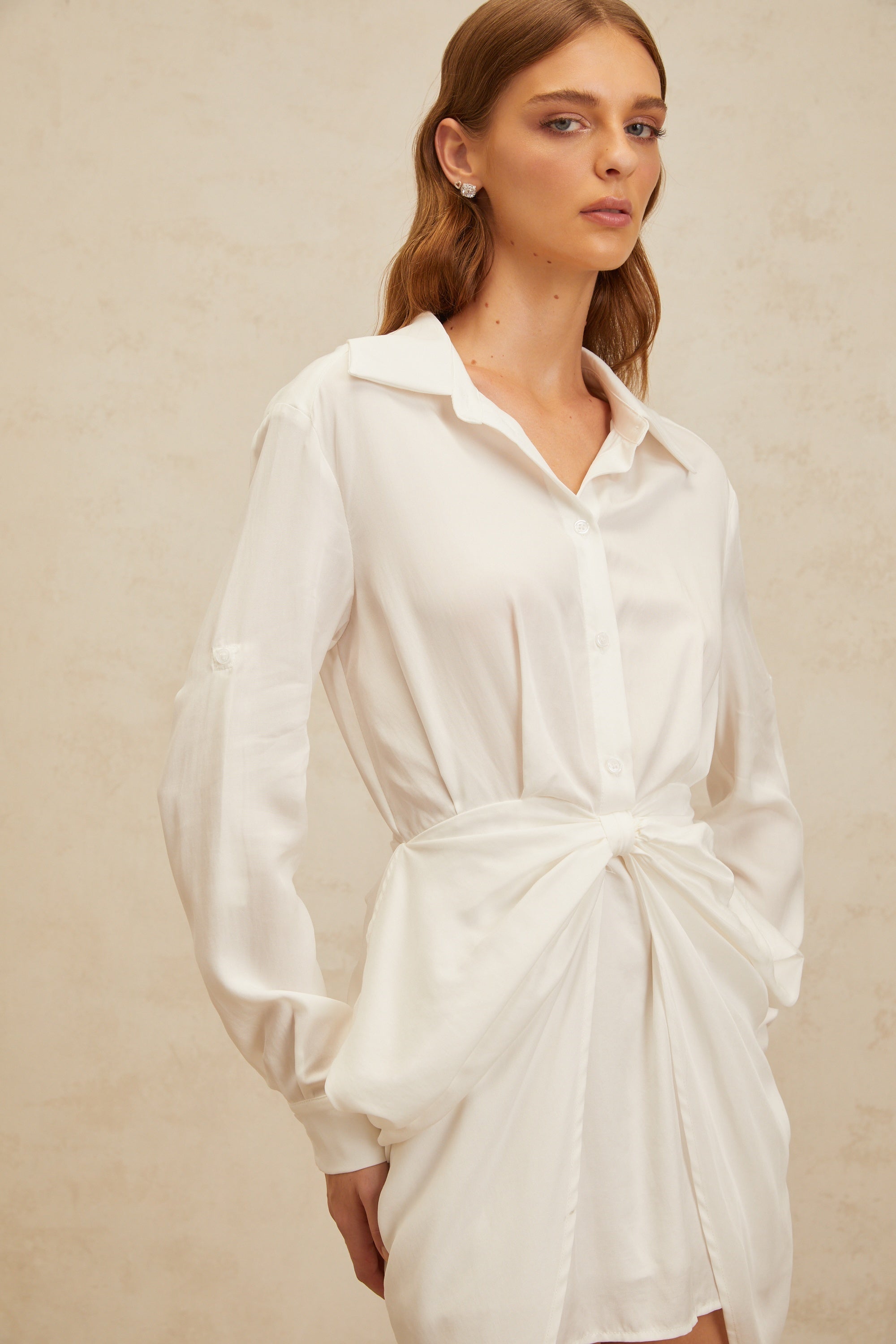 Diane White Chic Bowknot Mini Shirt Dress