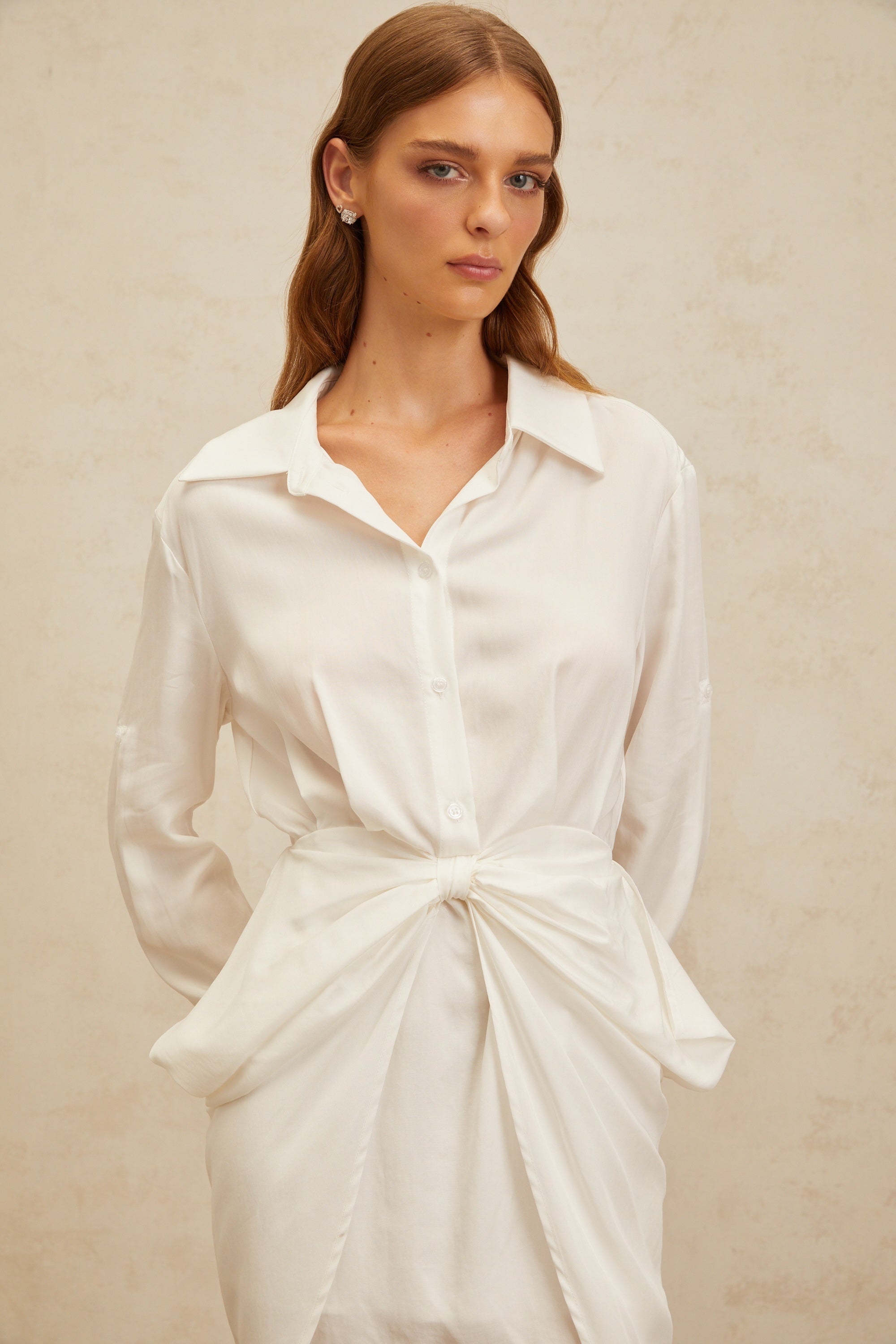 Diane White Chic Bowknot Mini Shirt Dress