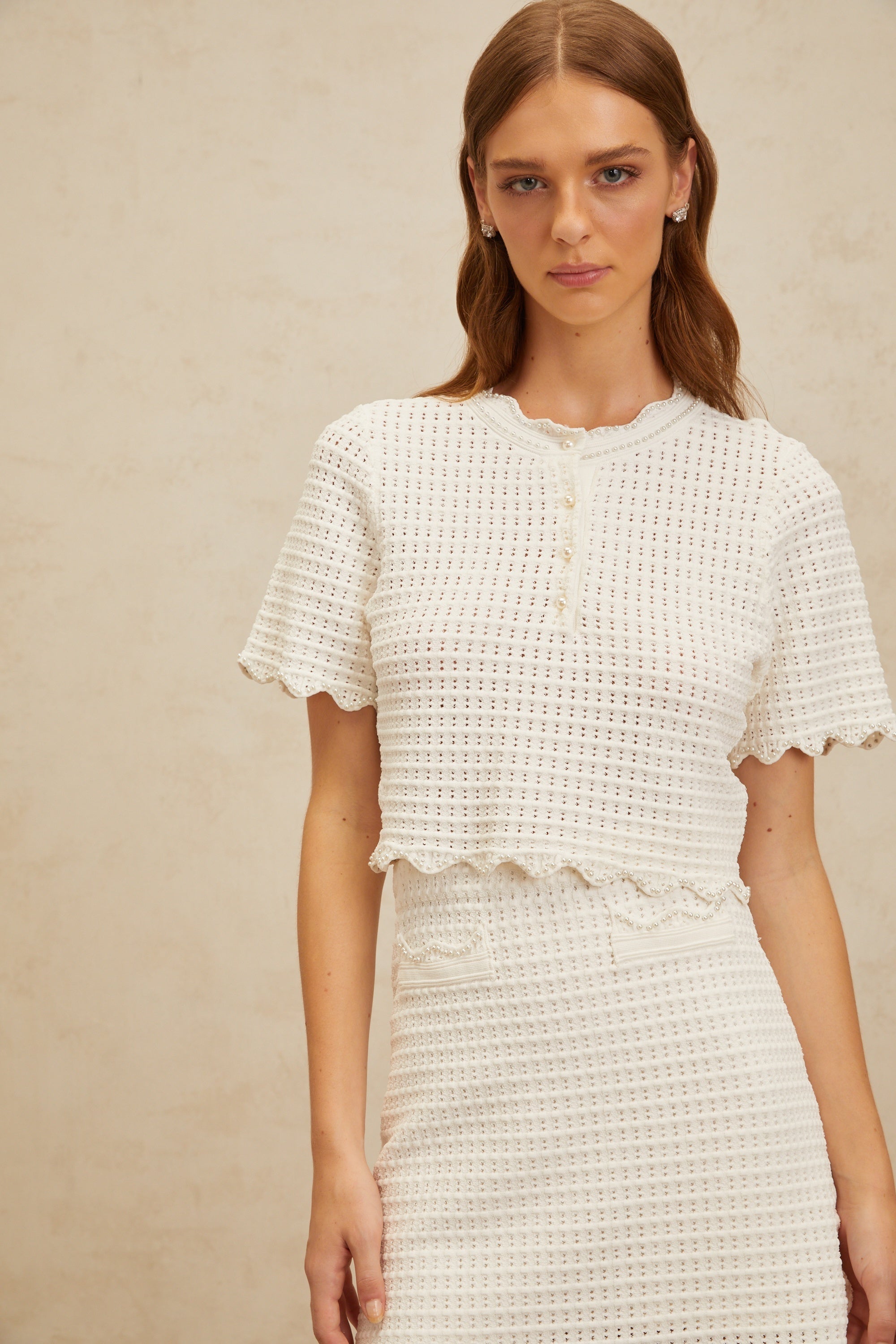 Maxanne cream-white ruffled pointelle-knit top & skirt matching set
