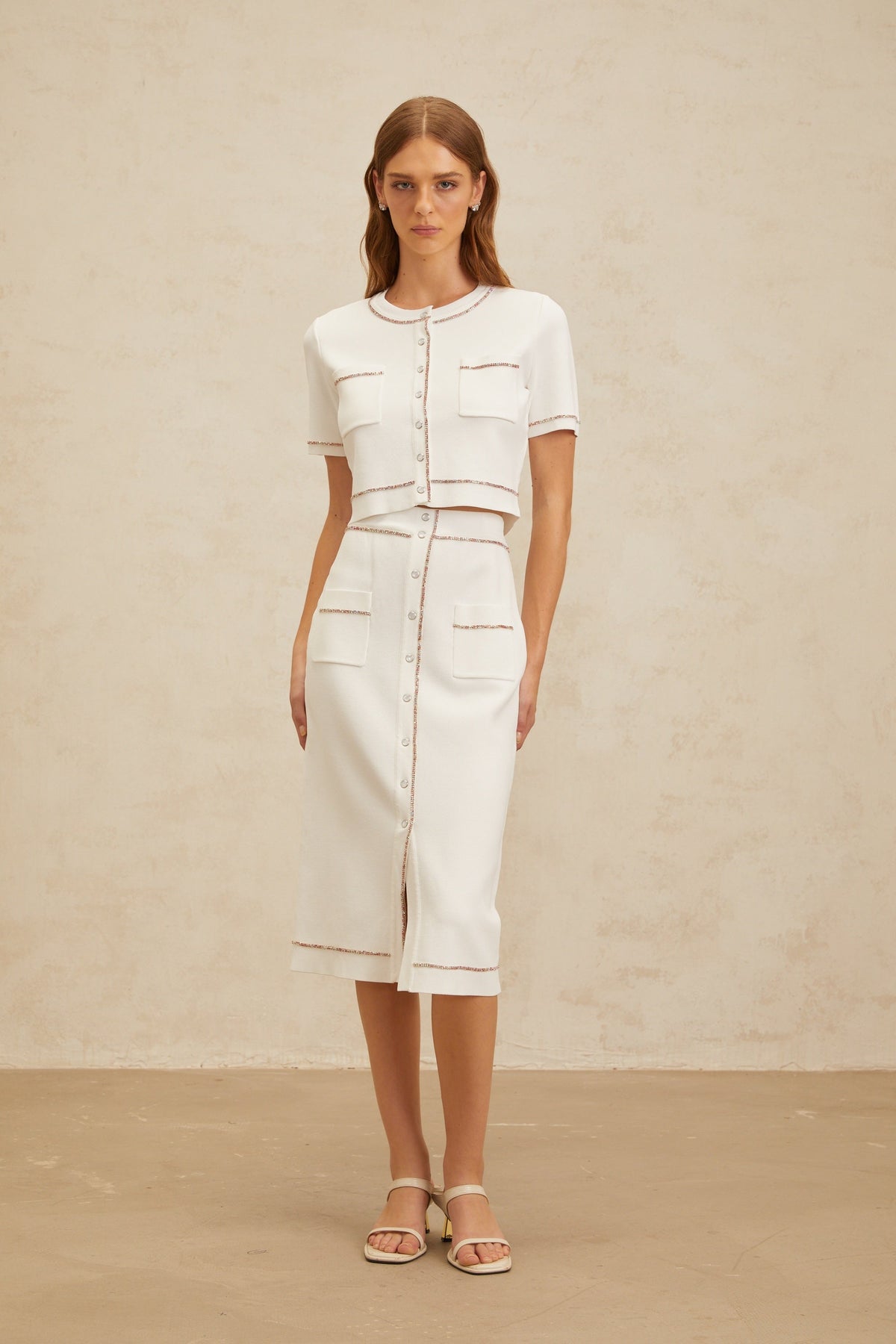 Clotilde White embellished Knit Top & Skirt Set (Final Sale-US Only)