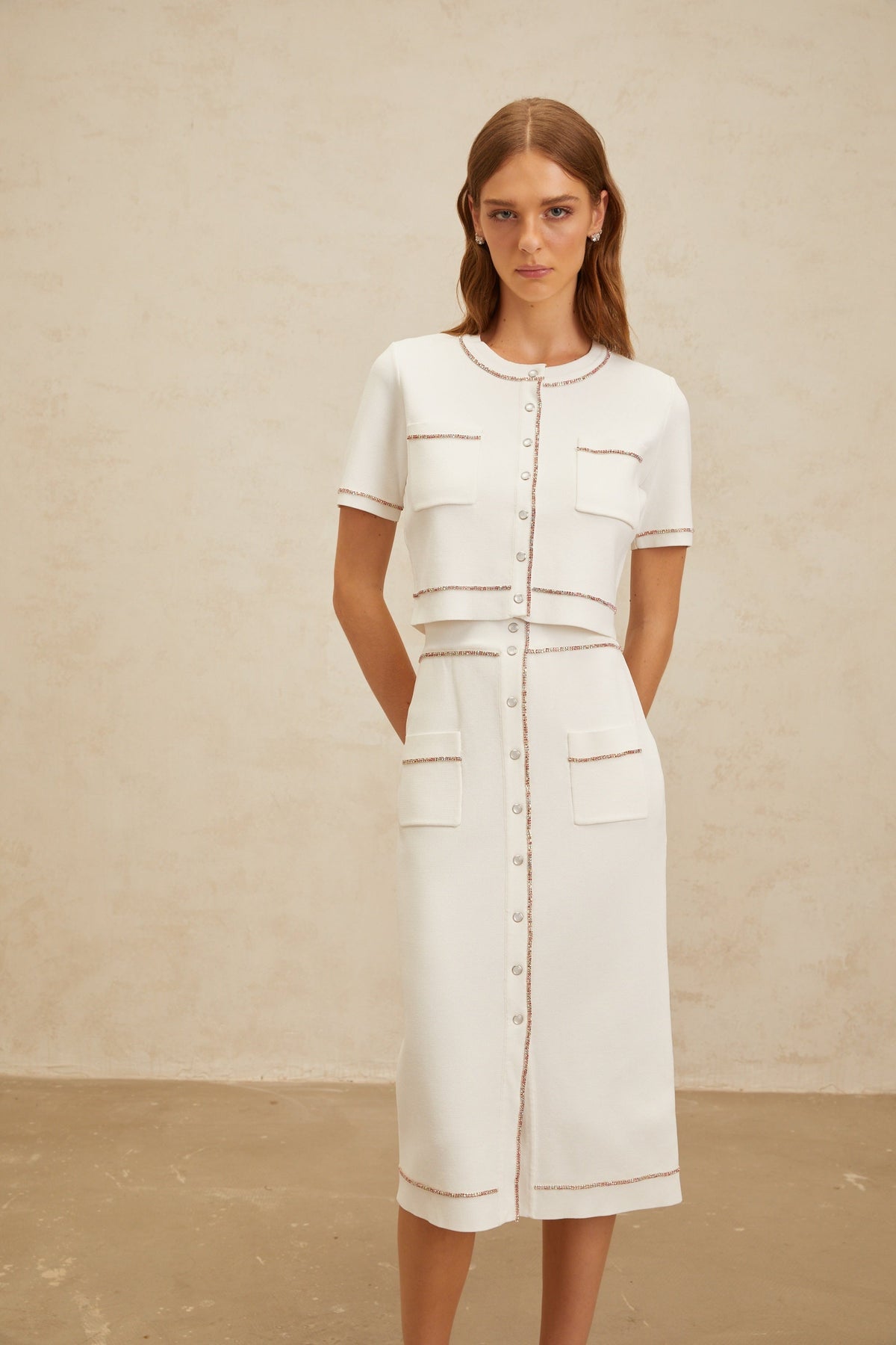 Clotilde White embellished Knit Top & Skirt Set (Final Sale-US Only)