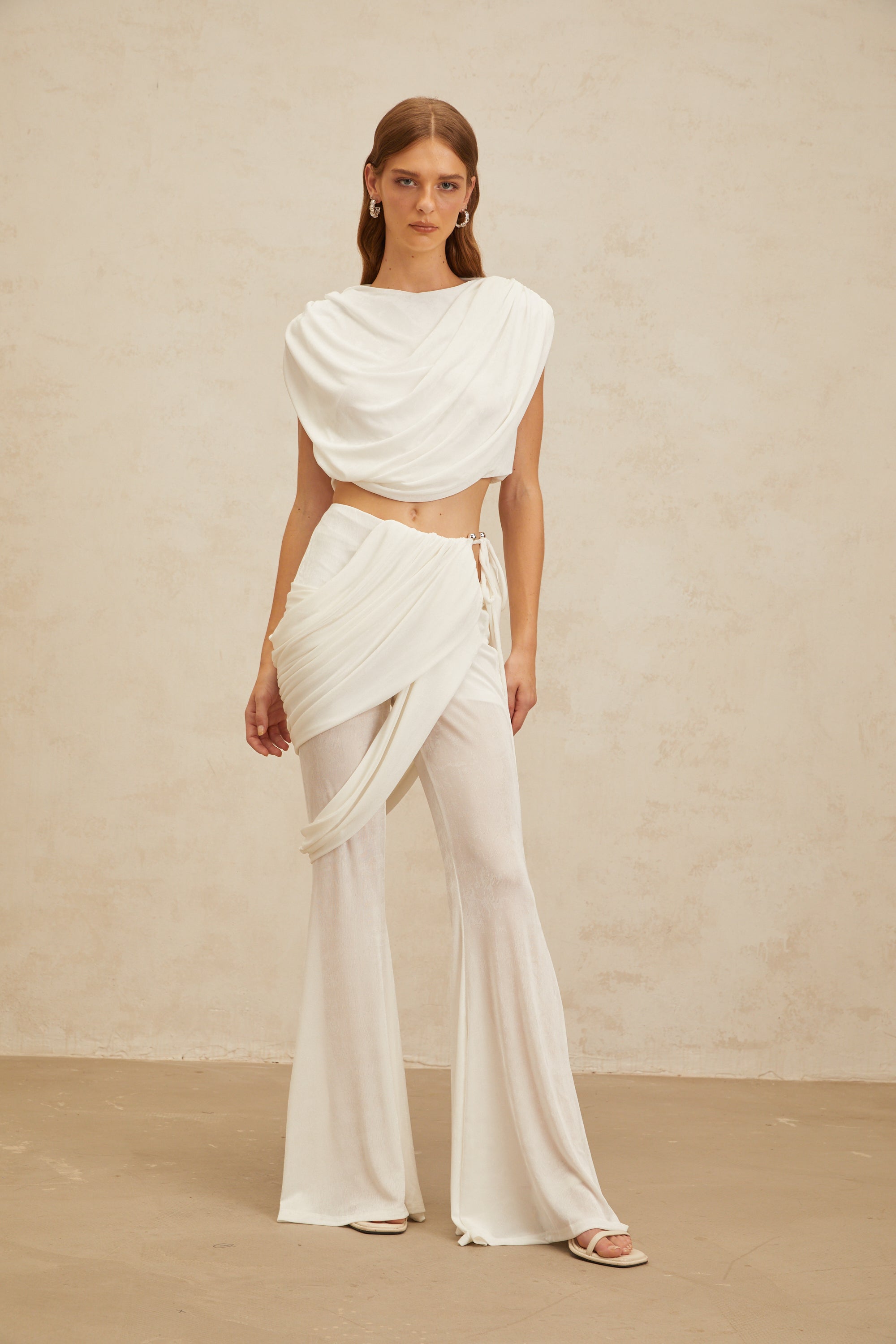 Dulcie White Asymmetrical Ruched Matching Set