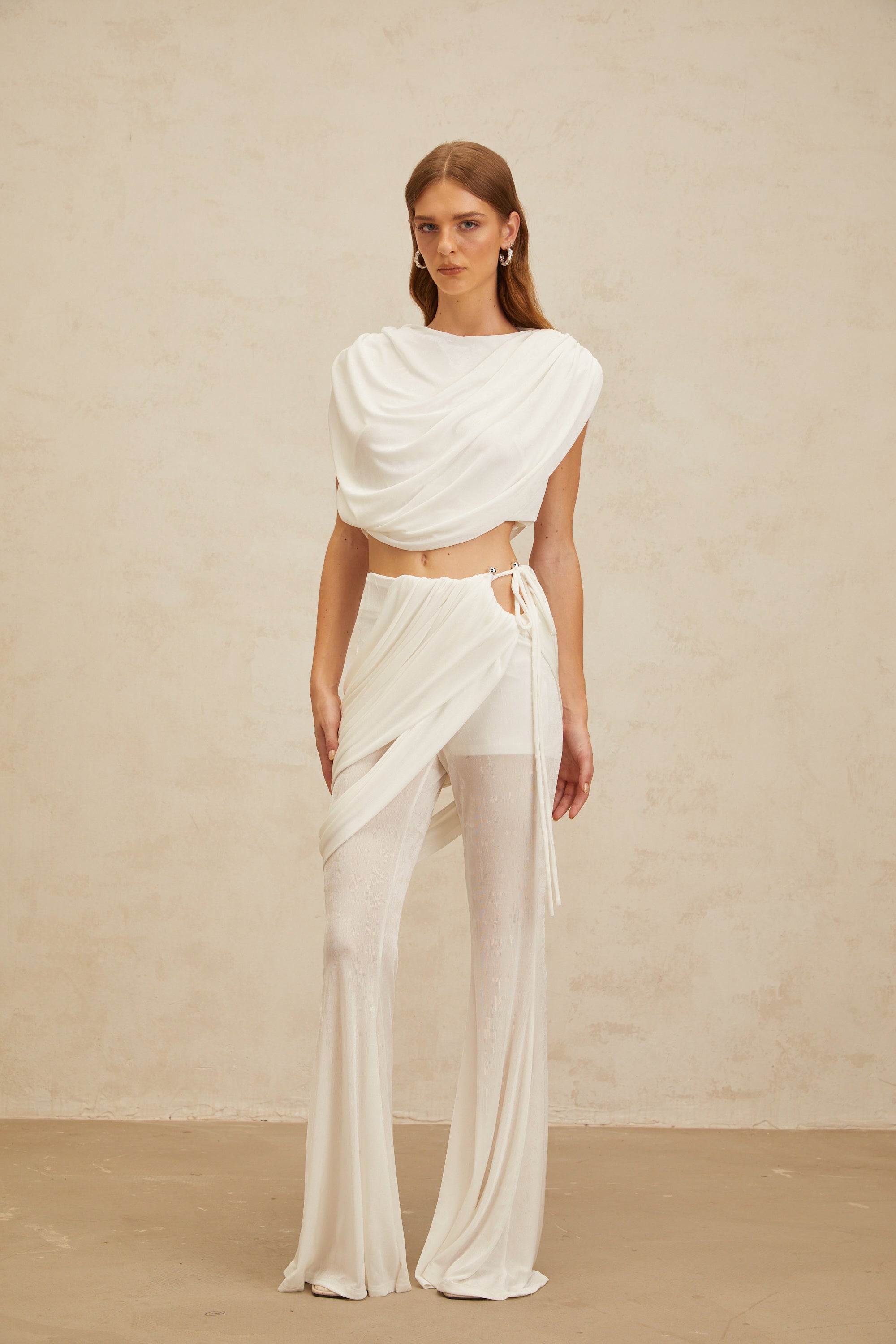 Dulcie White Asymmetrical Ruched Matching Set