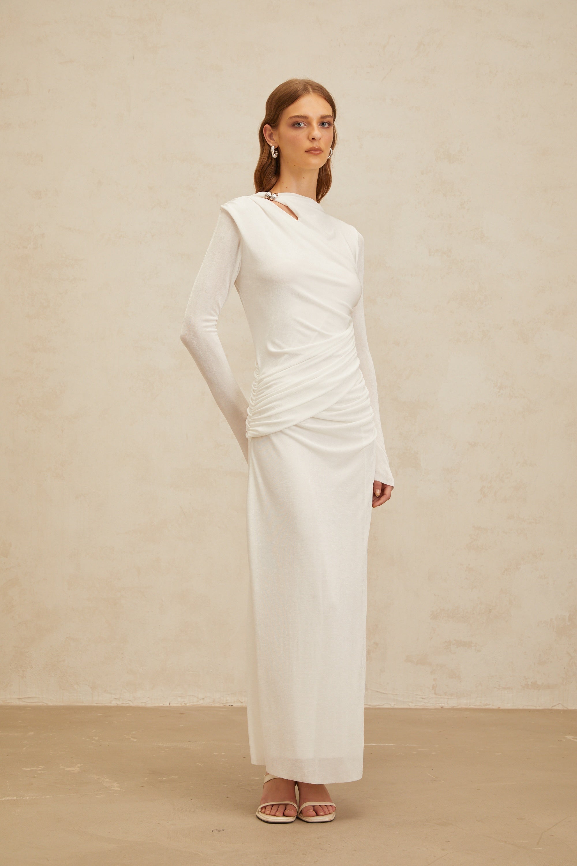 Daneysha White Ruched Maxi Gown