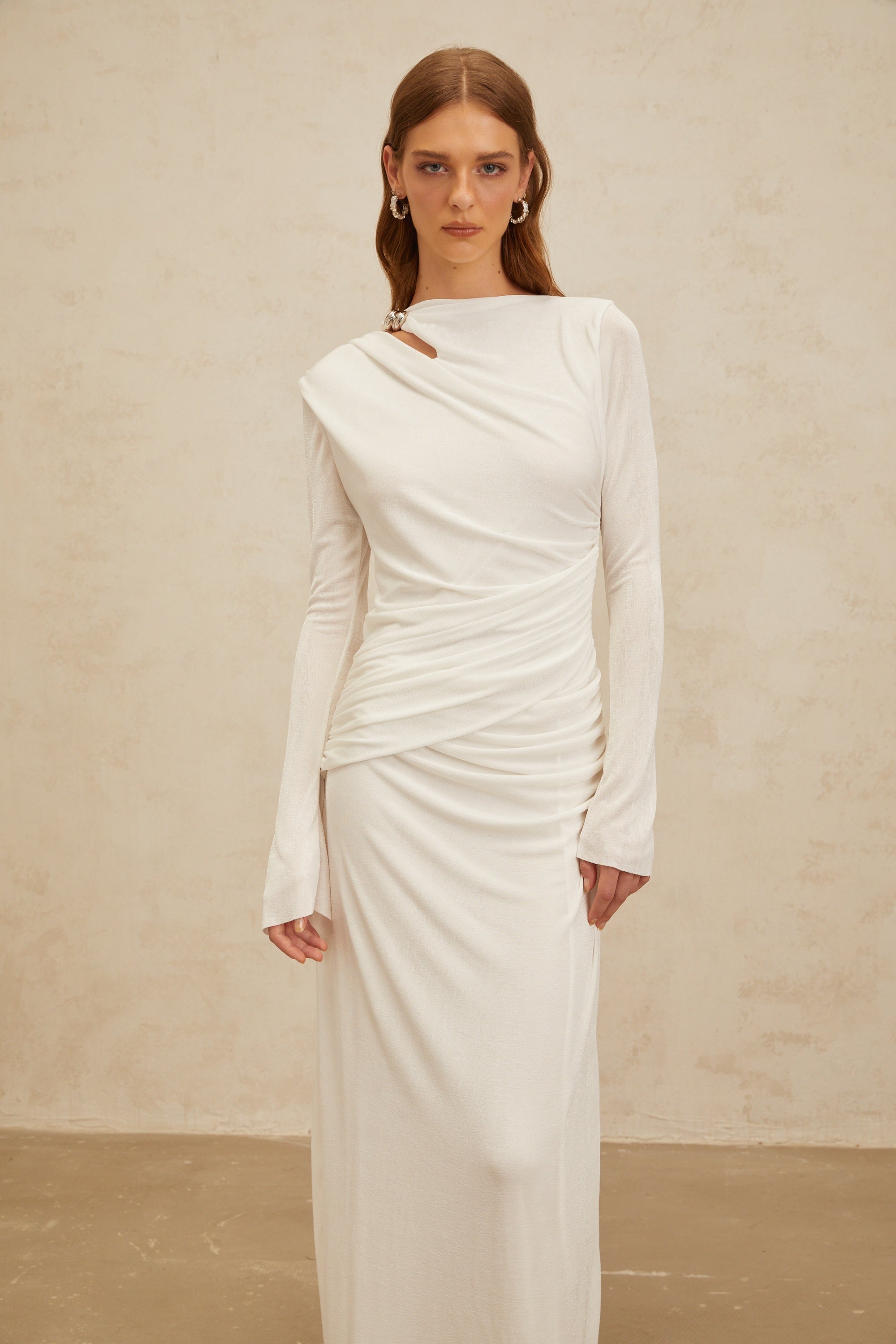 Daneysha White Ruched Maxi Gown
