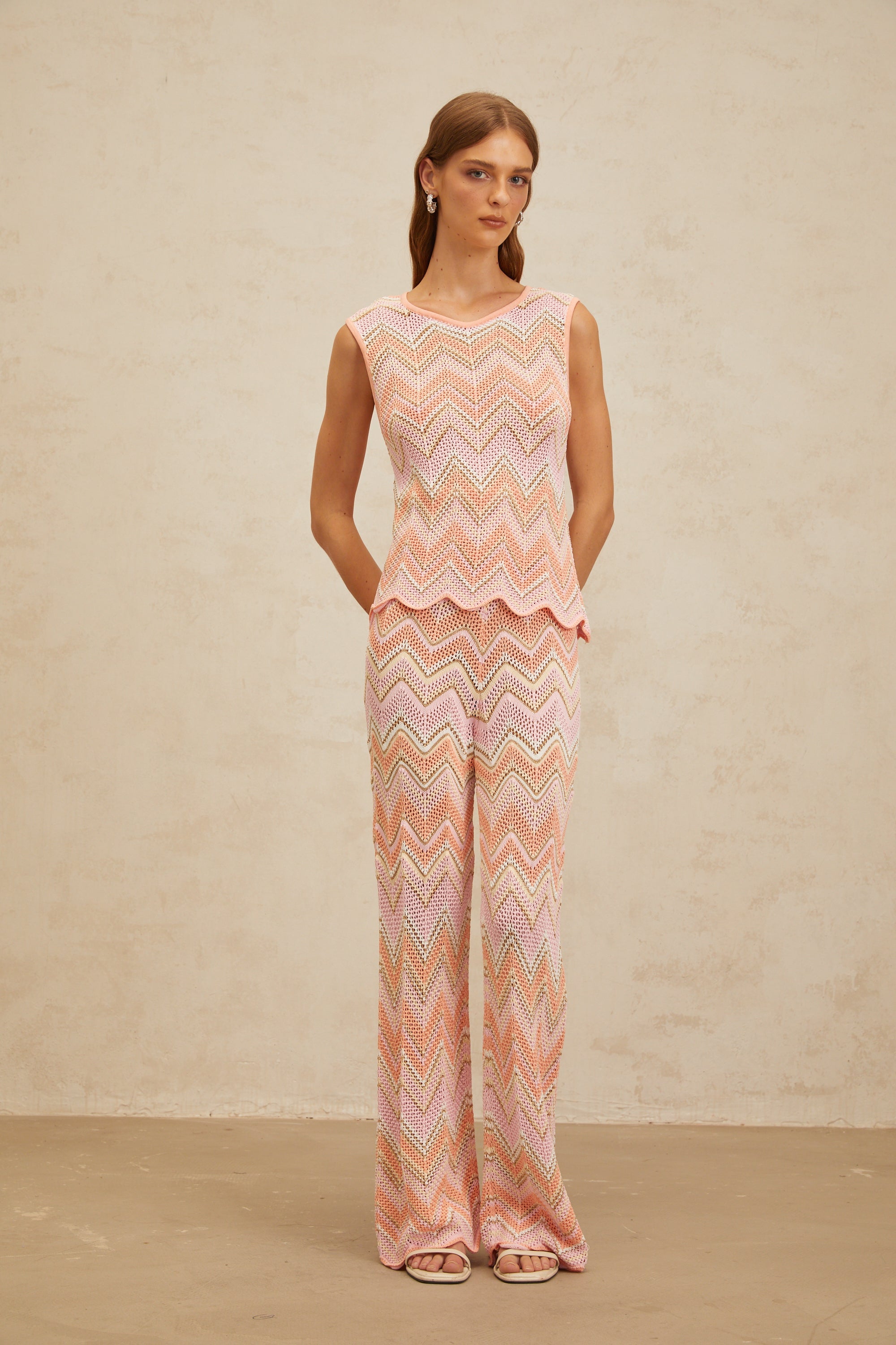 Irina Pink Zigzag Pointelle Knit Matching Set