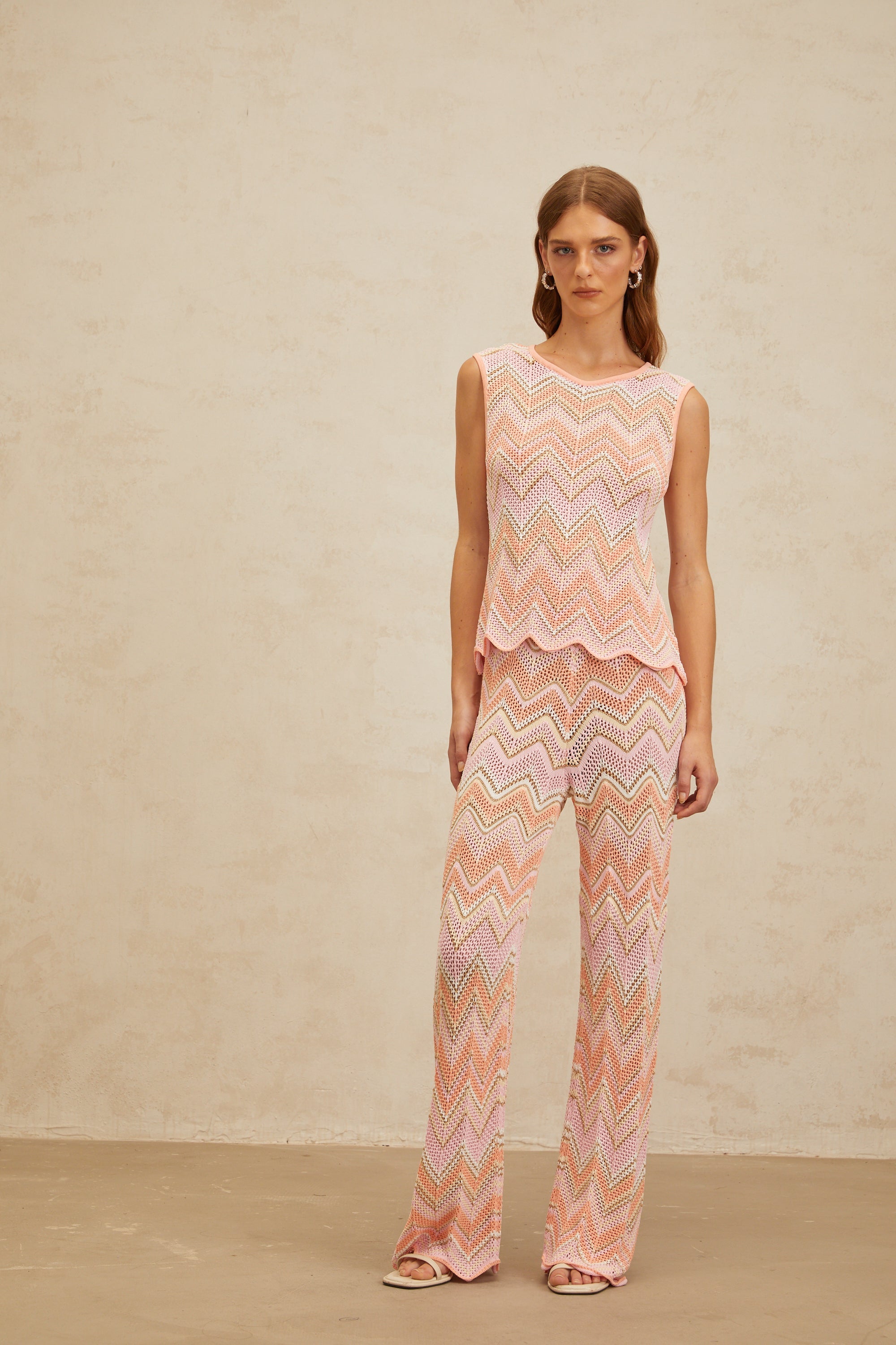 Irina Pink Zigzag Pointelle Knit Matching Set