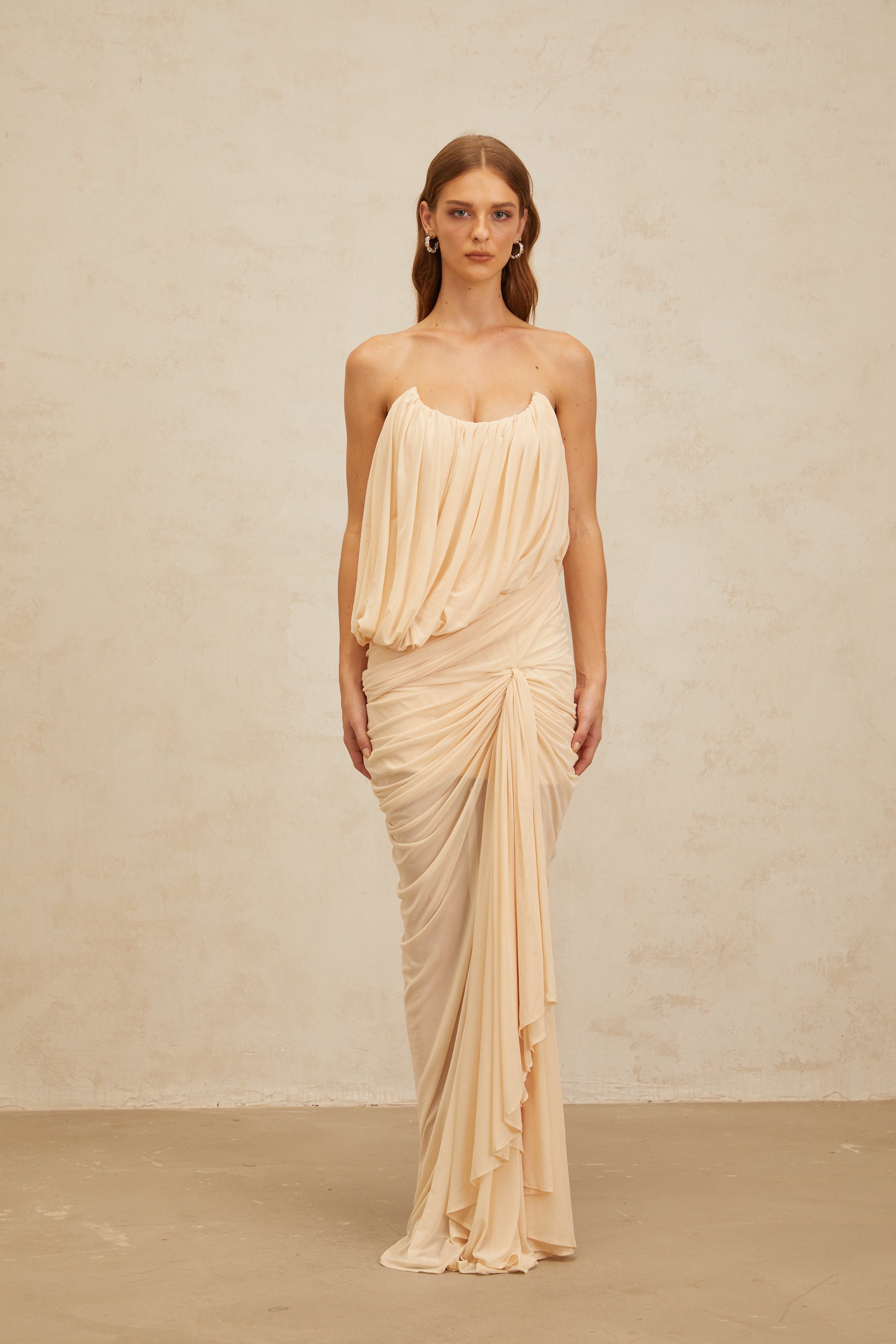 Xénia Neutrals Draped Ruched Maxi Dress
