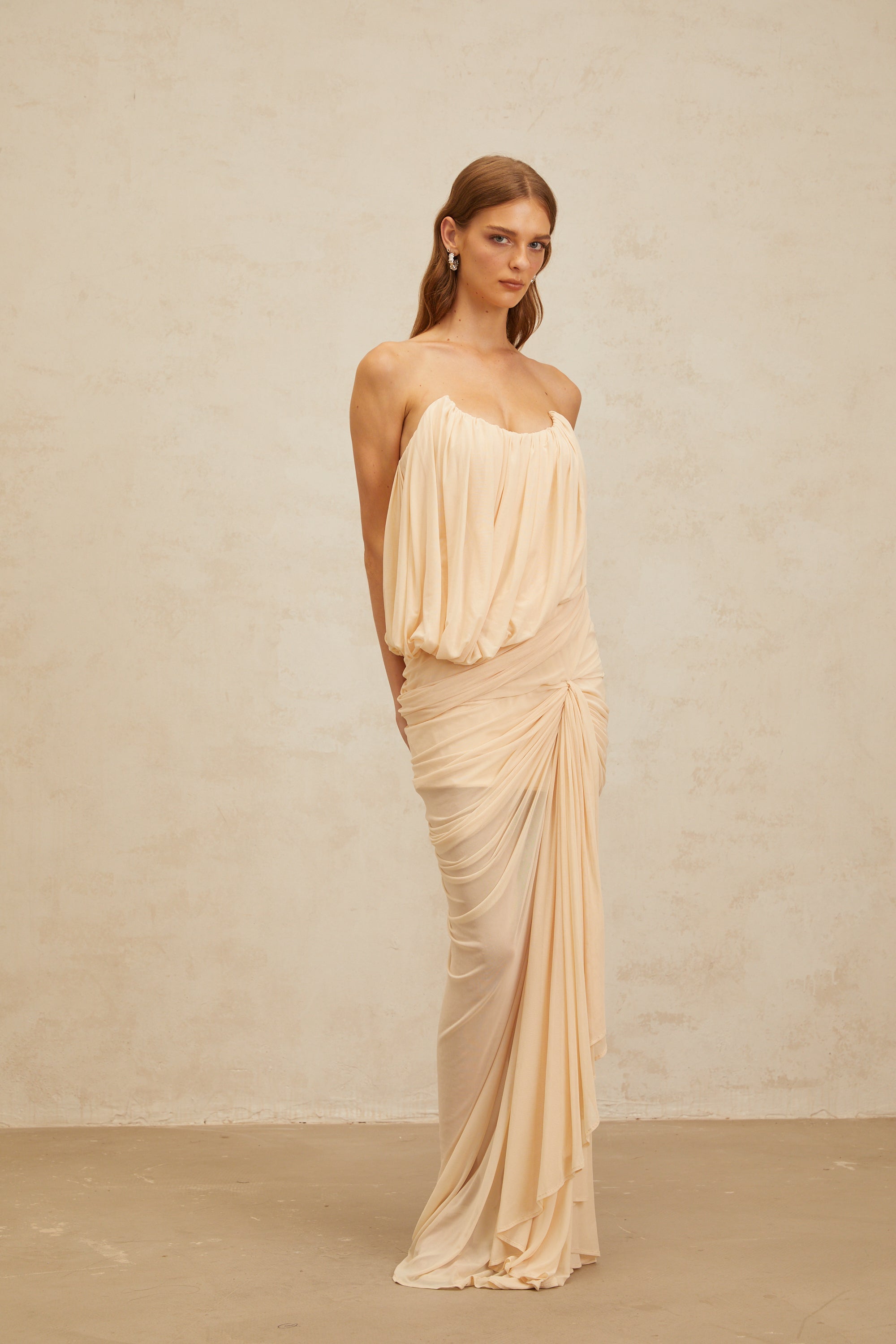 Xénia Neutrals Draped Ruched Maxi Dress