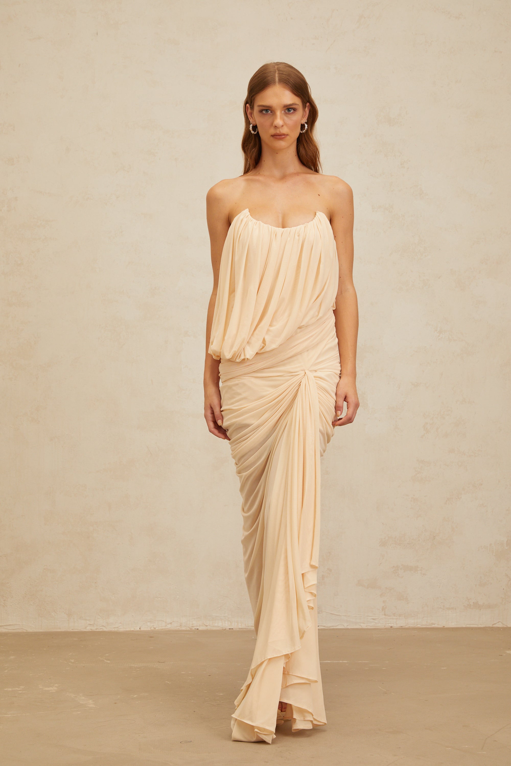 Xénia Neutrals Draped Ruched Maxi Dress
