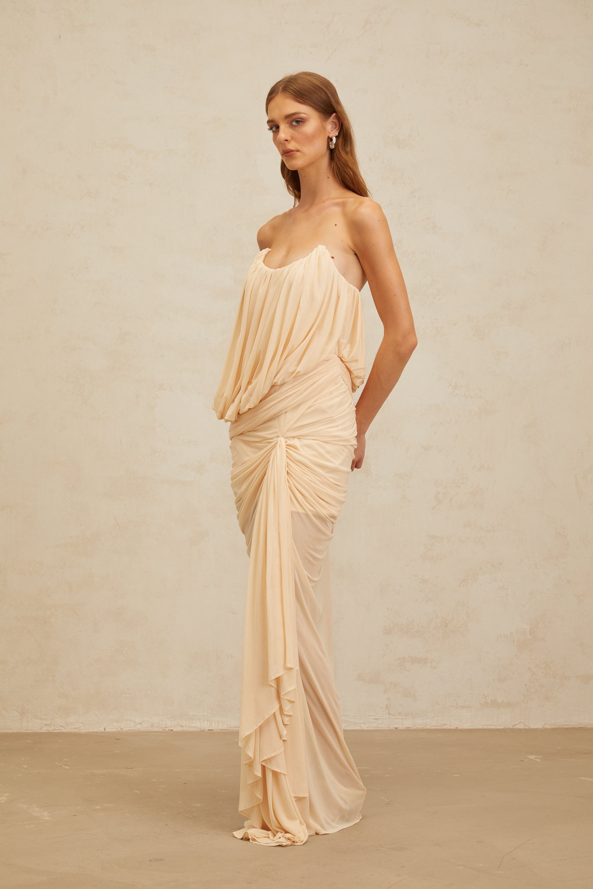 Xénia Neutrals Draped Ruched Maxi Dress