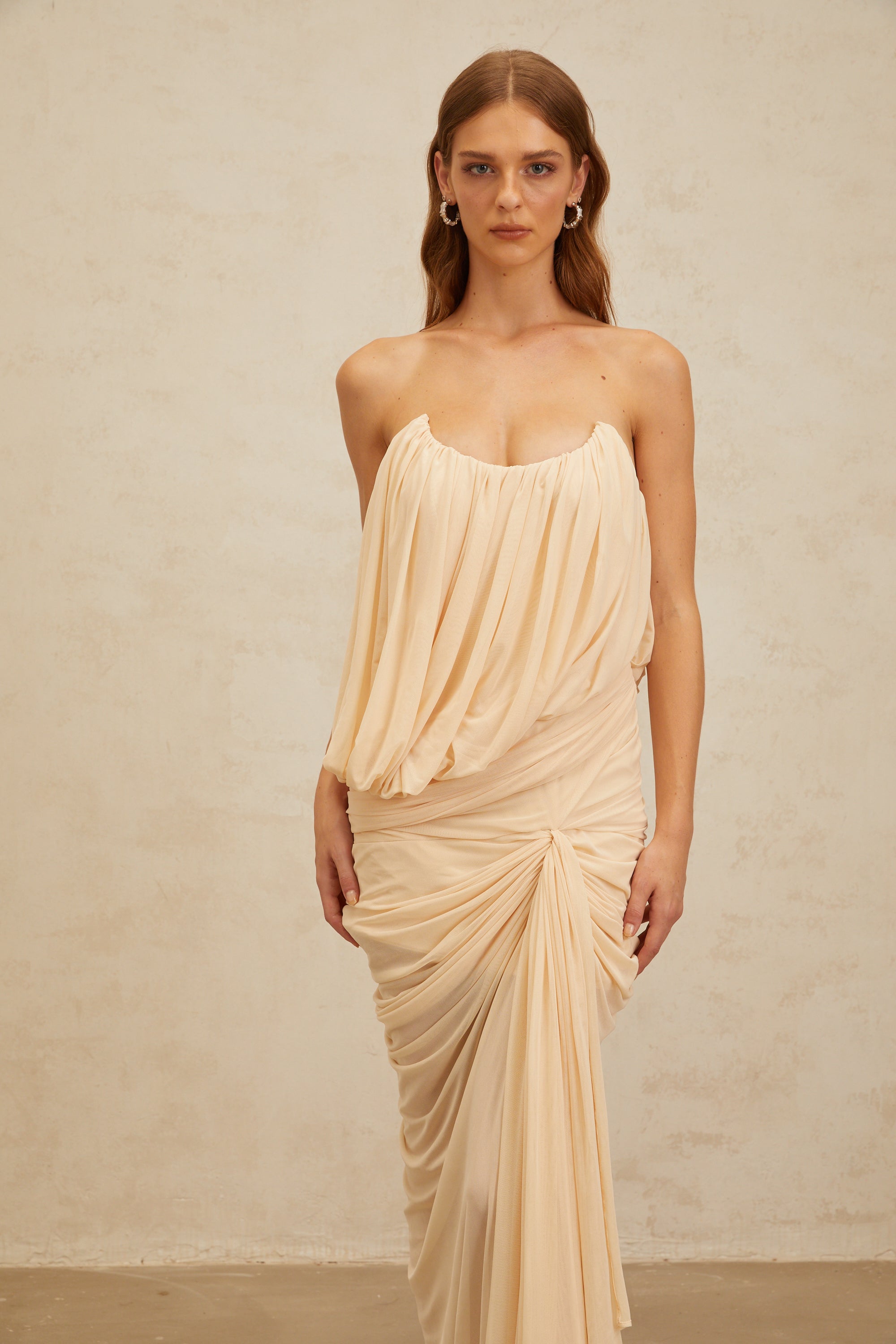 Xénia Neutrals Draped Ruched Maxi Dress