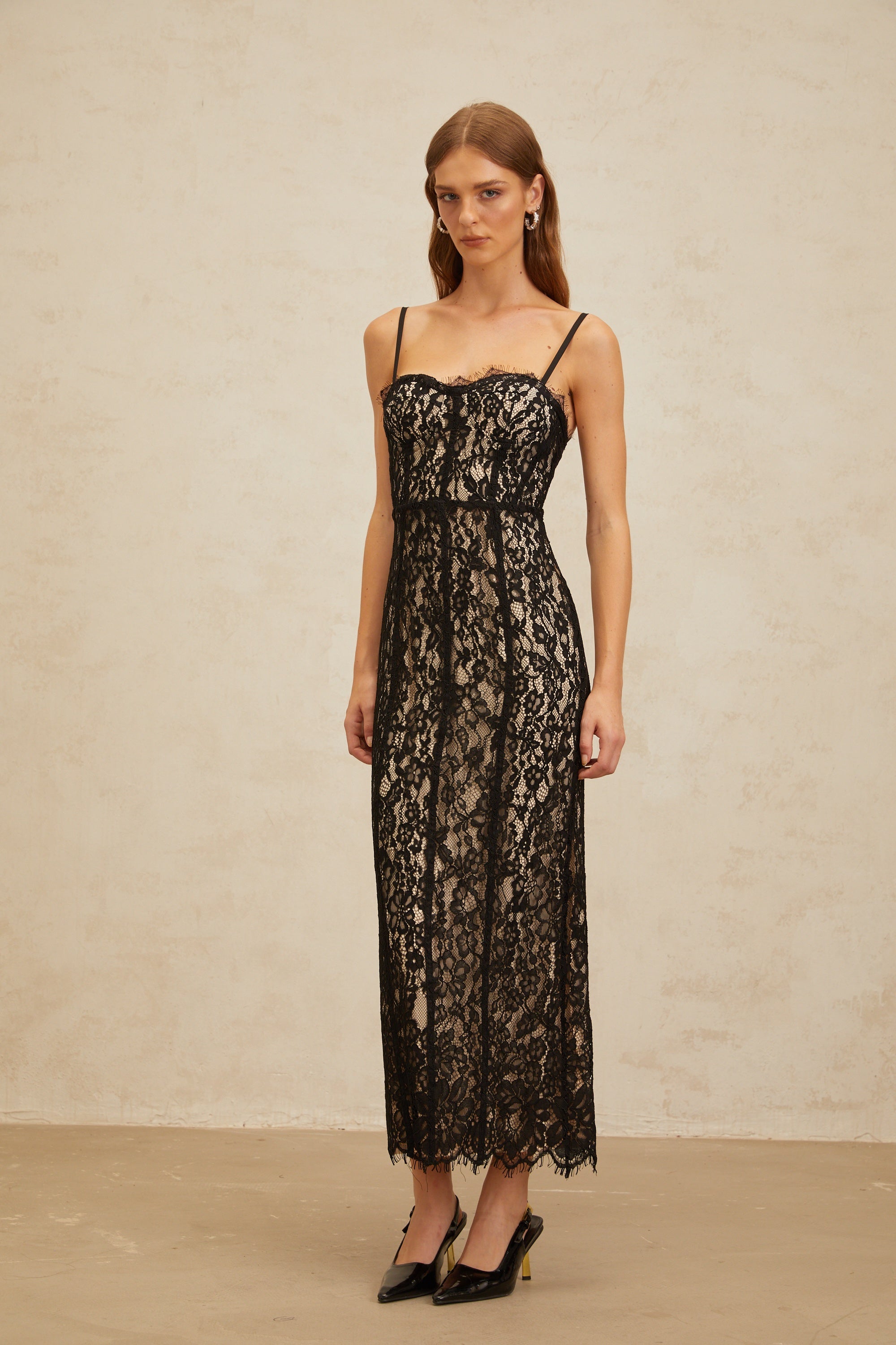 Fleur Black Floral Lace Bustier Maxi Dress