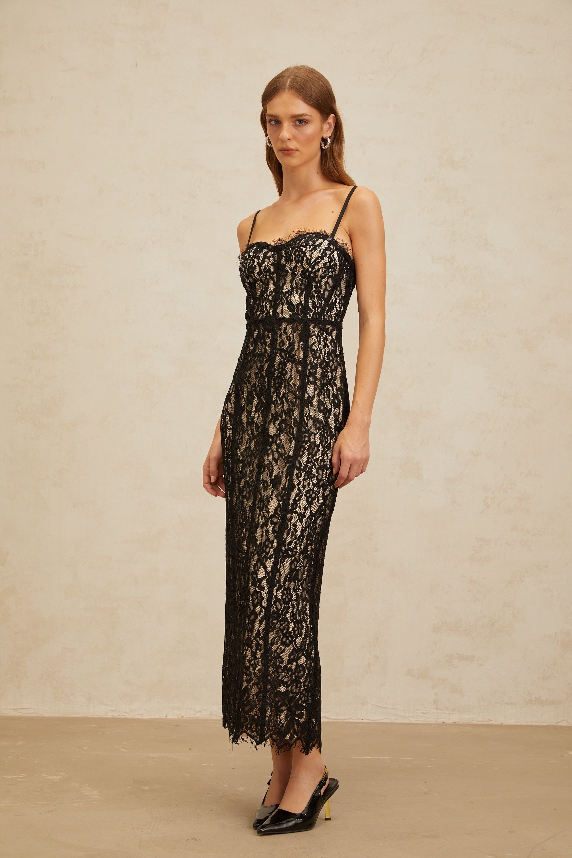 Fleur Black Floral Lace Bustier Maxi Dress