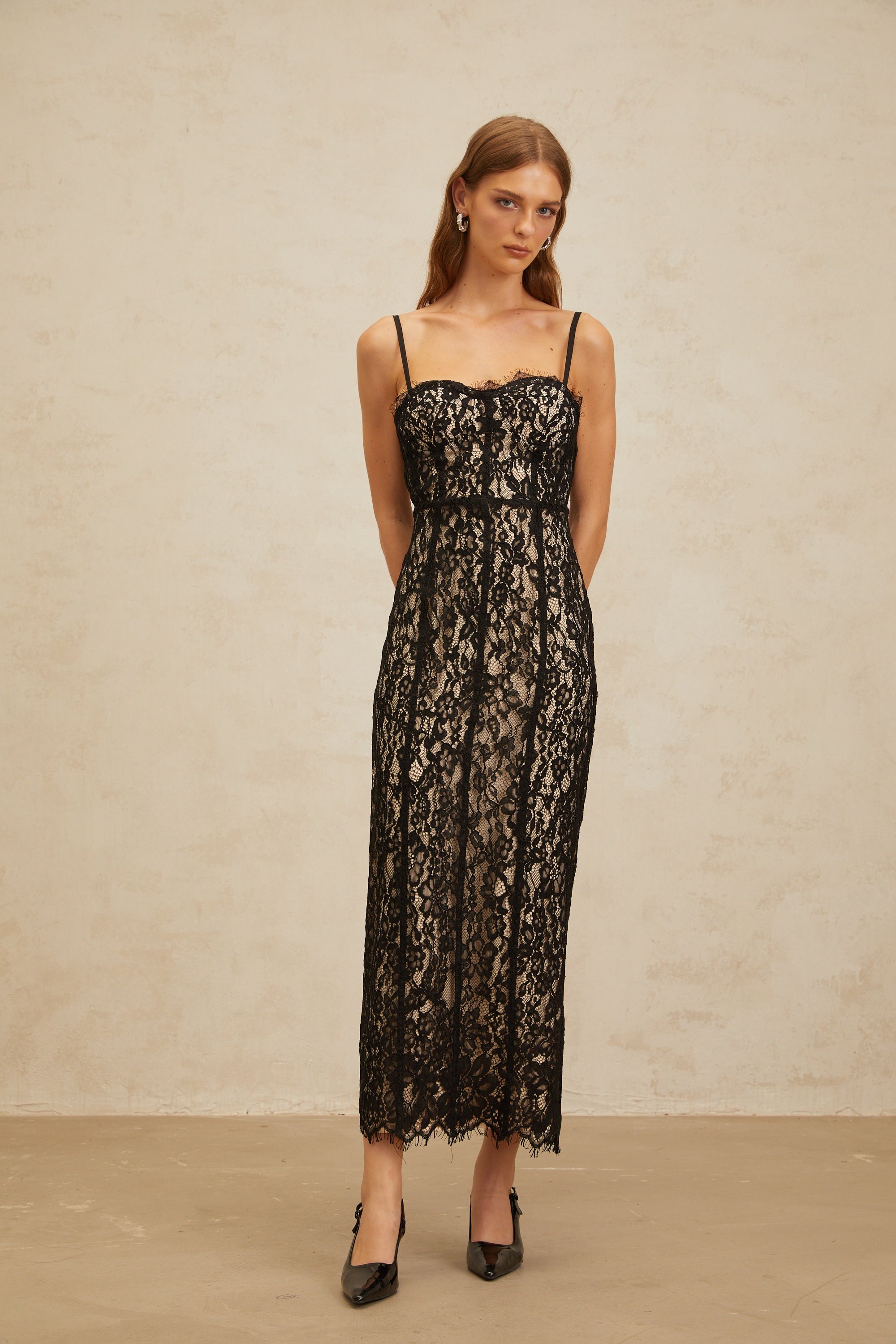Fleur Black Floral Lace Bustier Maxi Dress