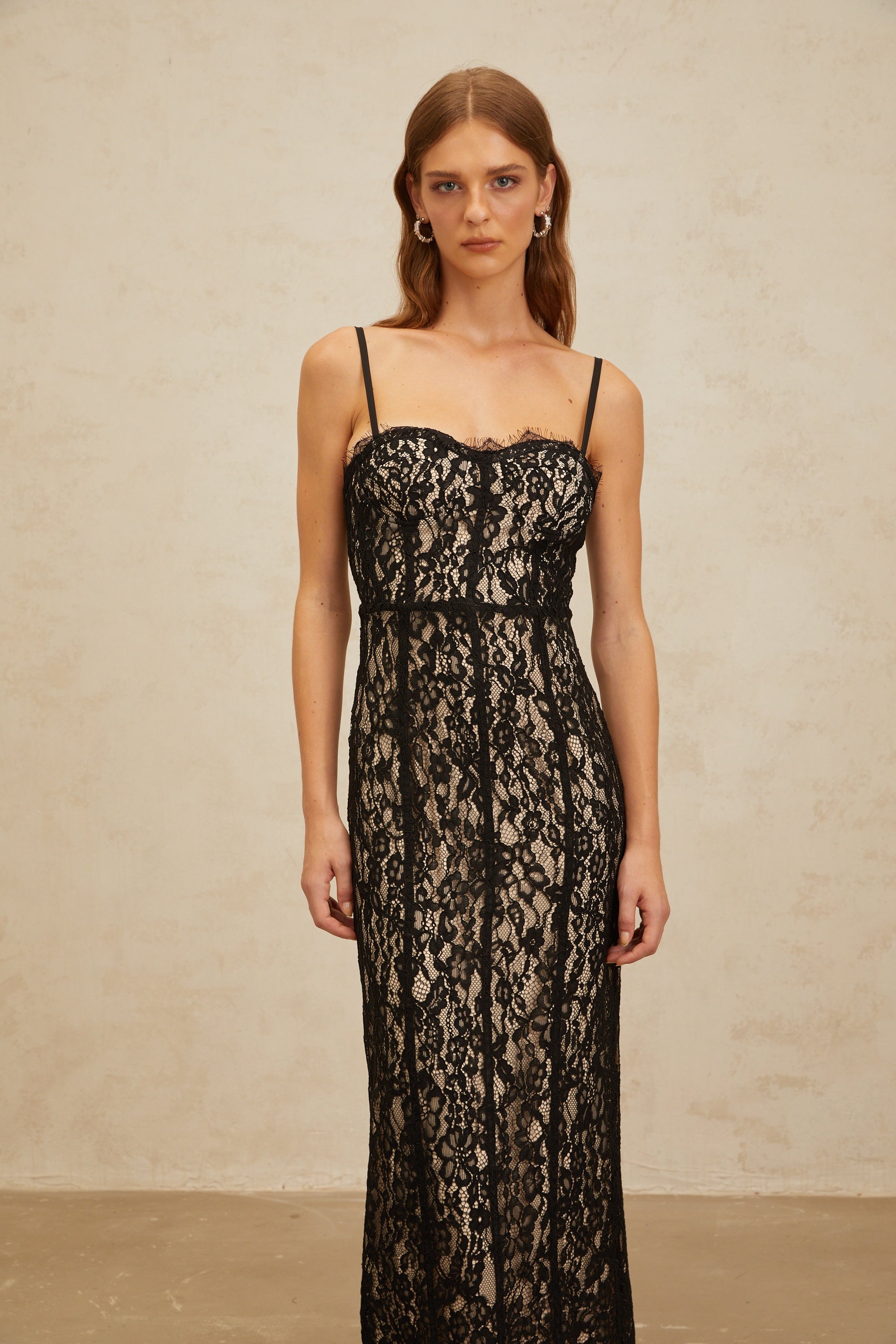 Fleur Black Floral Lace Bustier Maxi Dress