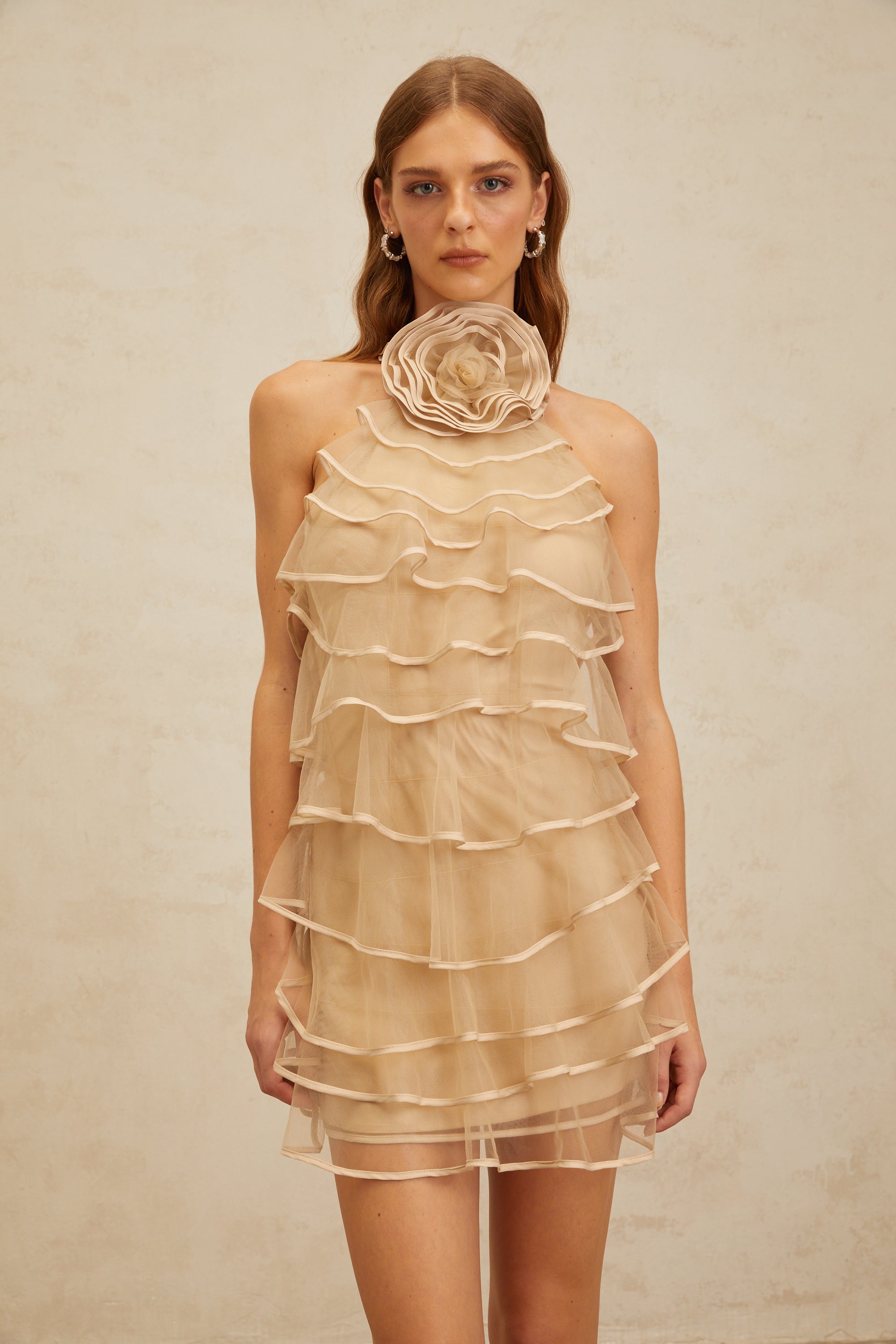 Coralie Khaki 3D Petal Layered Tulle Mini Dress