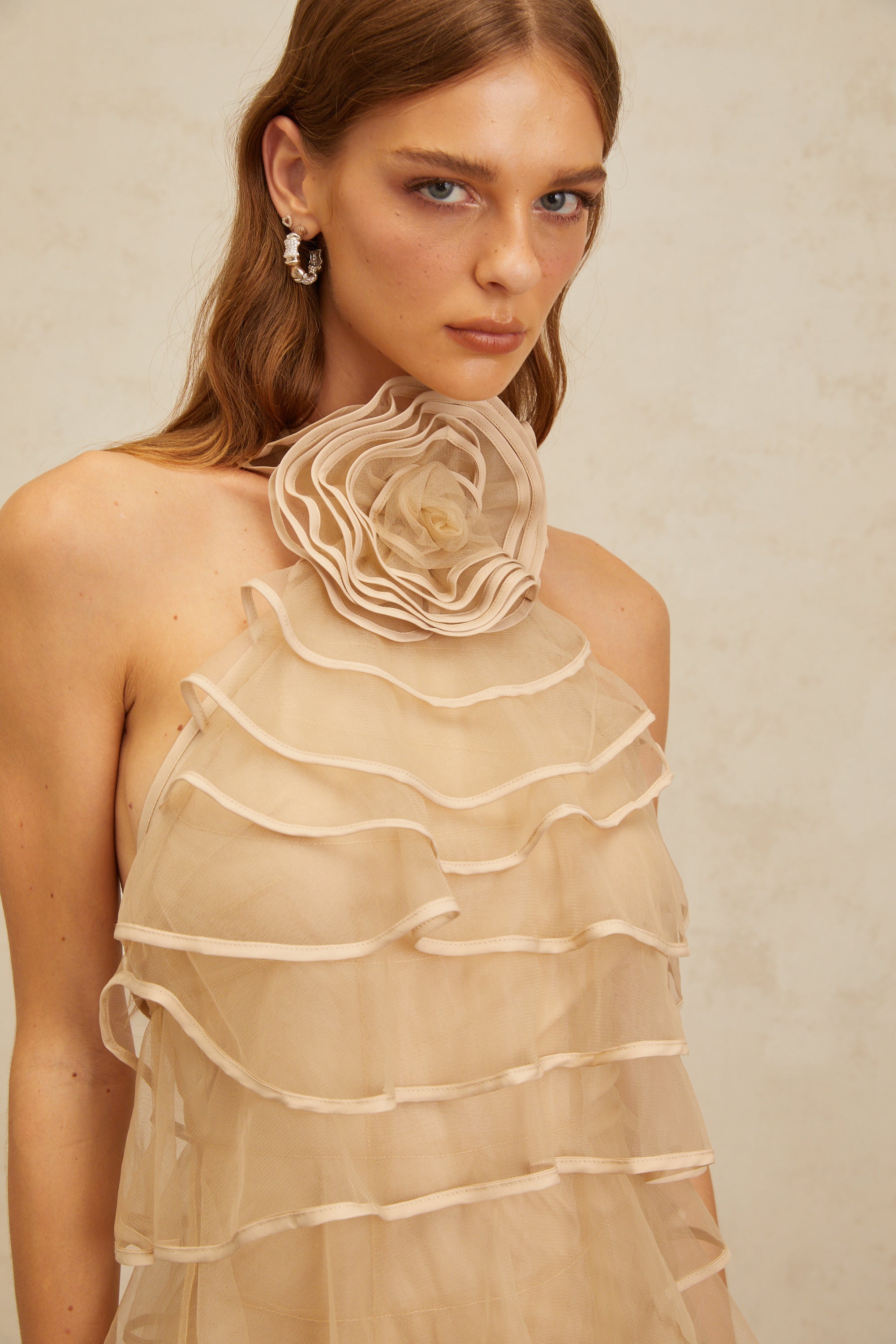 Coralie Khaki 3D Petal Layered Tulle Mini Dress