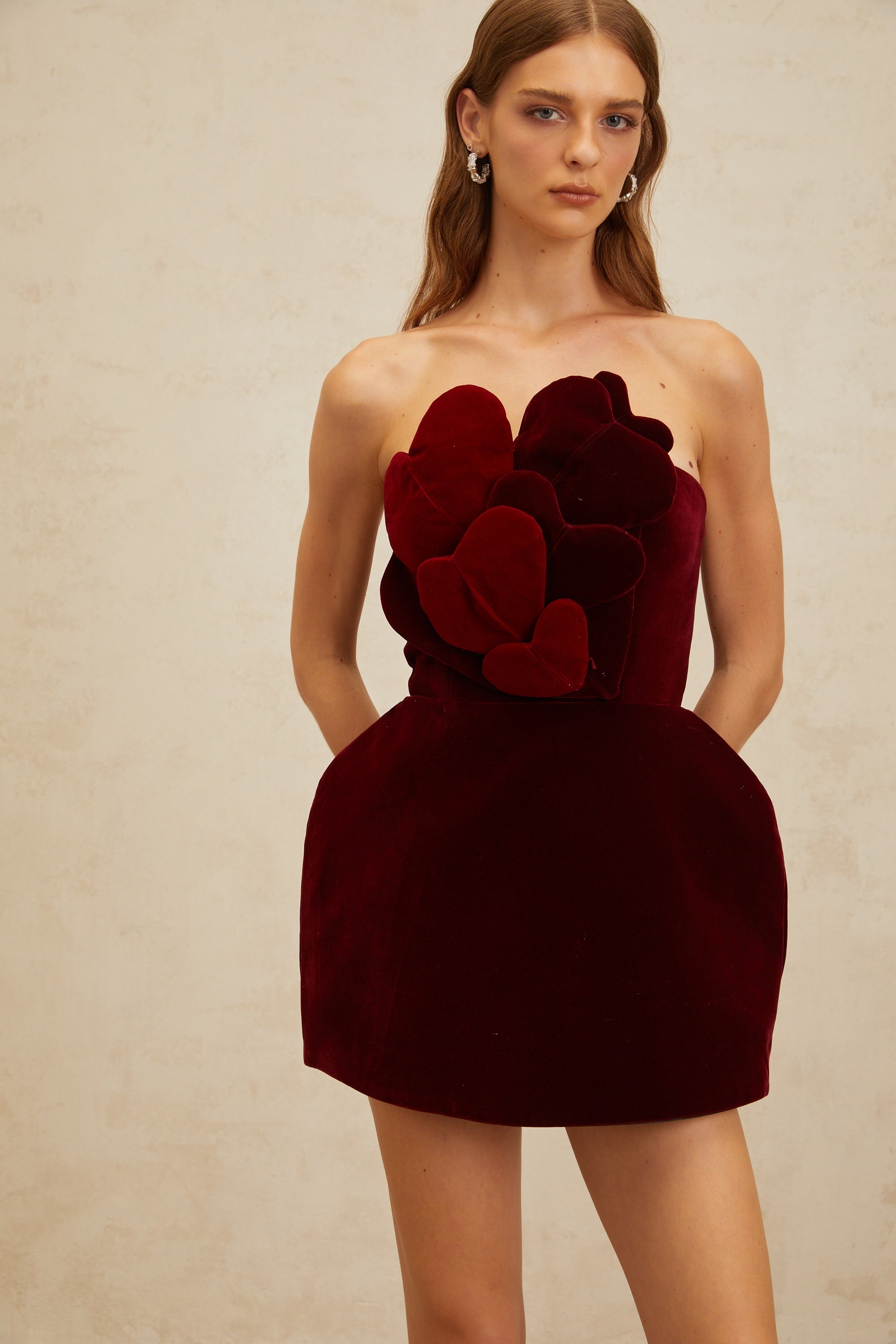 Coralie Red Heart Appliqué Velvet Mini Dress (Final Sale)