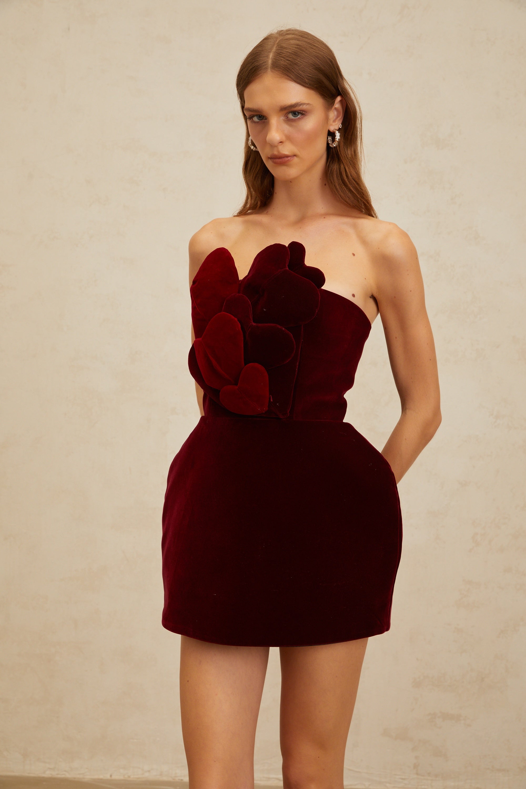 Coralie Red Heart Appliqué Velvet Mini Dress (Final Sale)