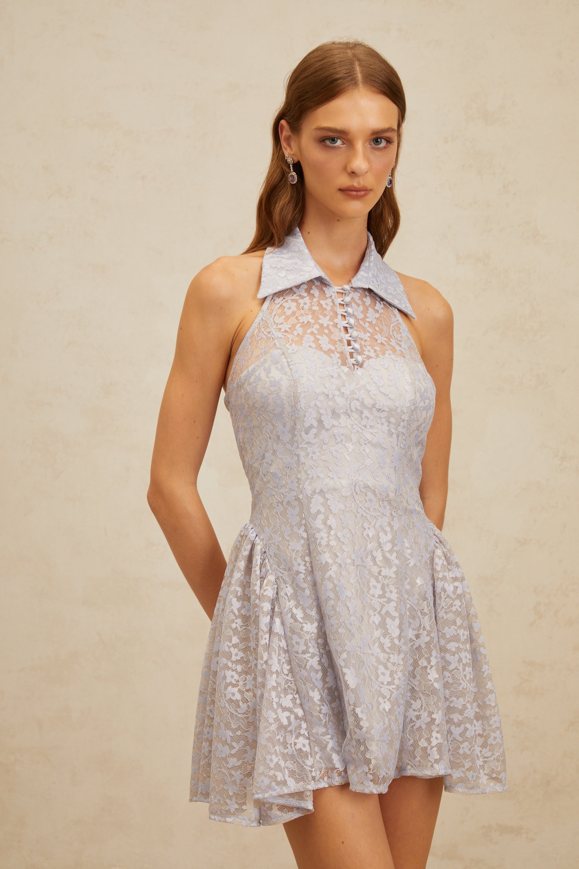 Diane Blue Halterneck Floral Lace Mini Dress