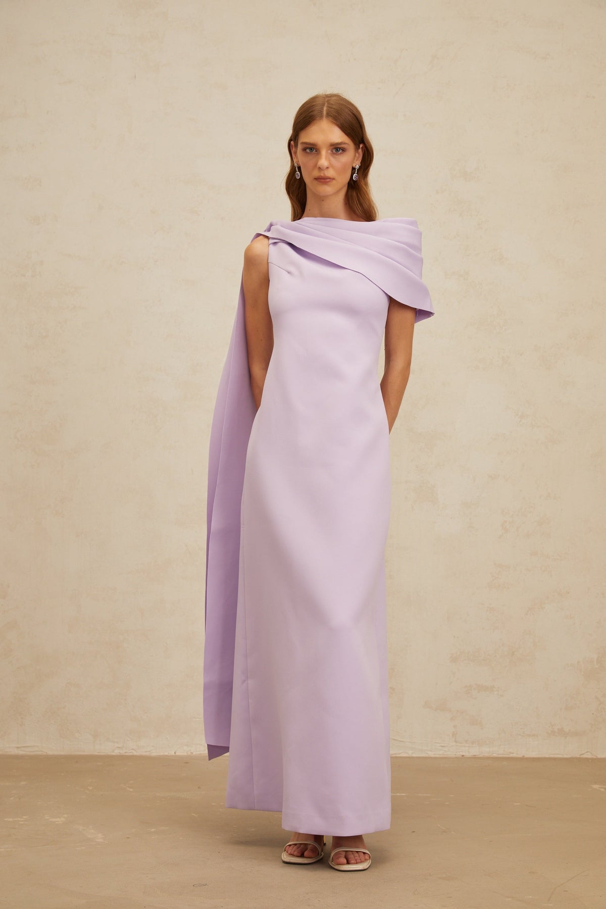 Annabelle Purple Cape-Design Ribbon Maxi Dress