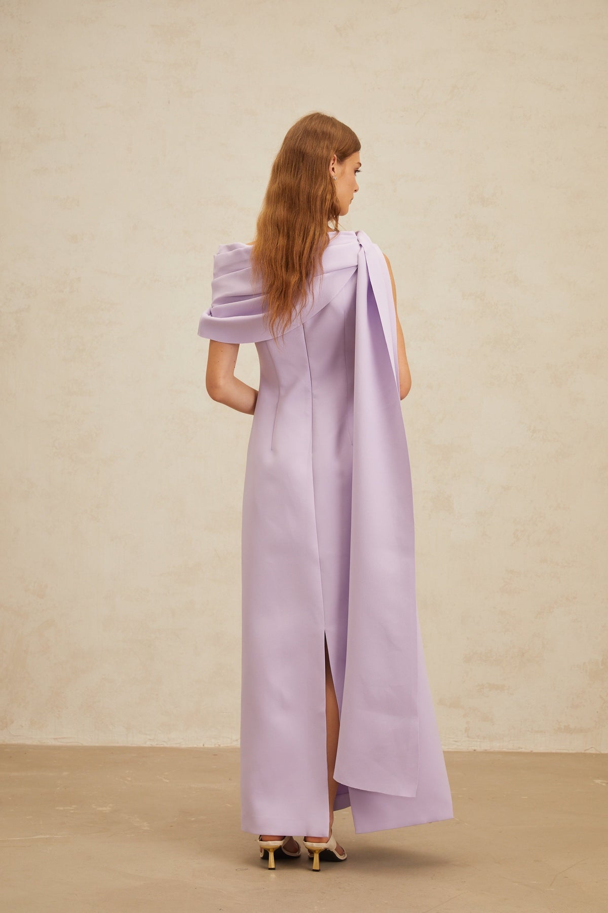 Annabelle Purple Cape-Design Ribbon Maxi Dress