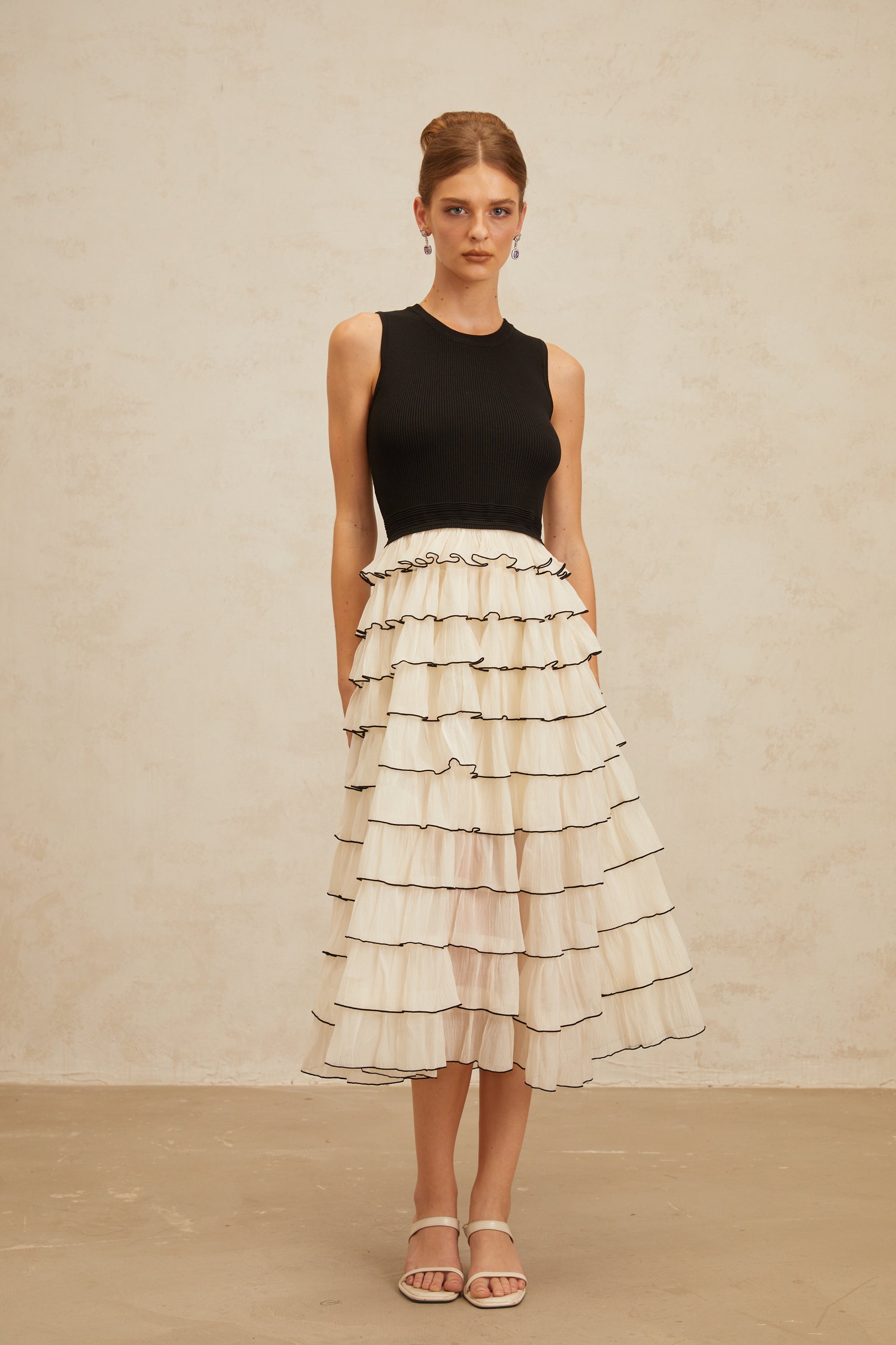 Anouk Contrast Color Tiered Panelled Midi Dress
