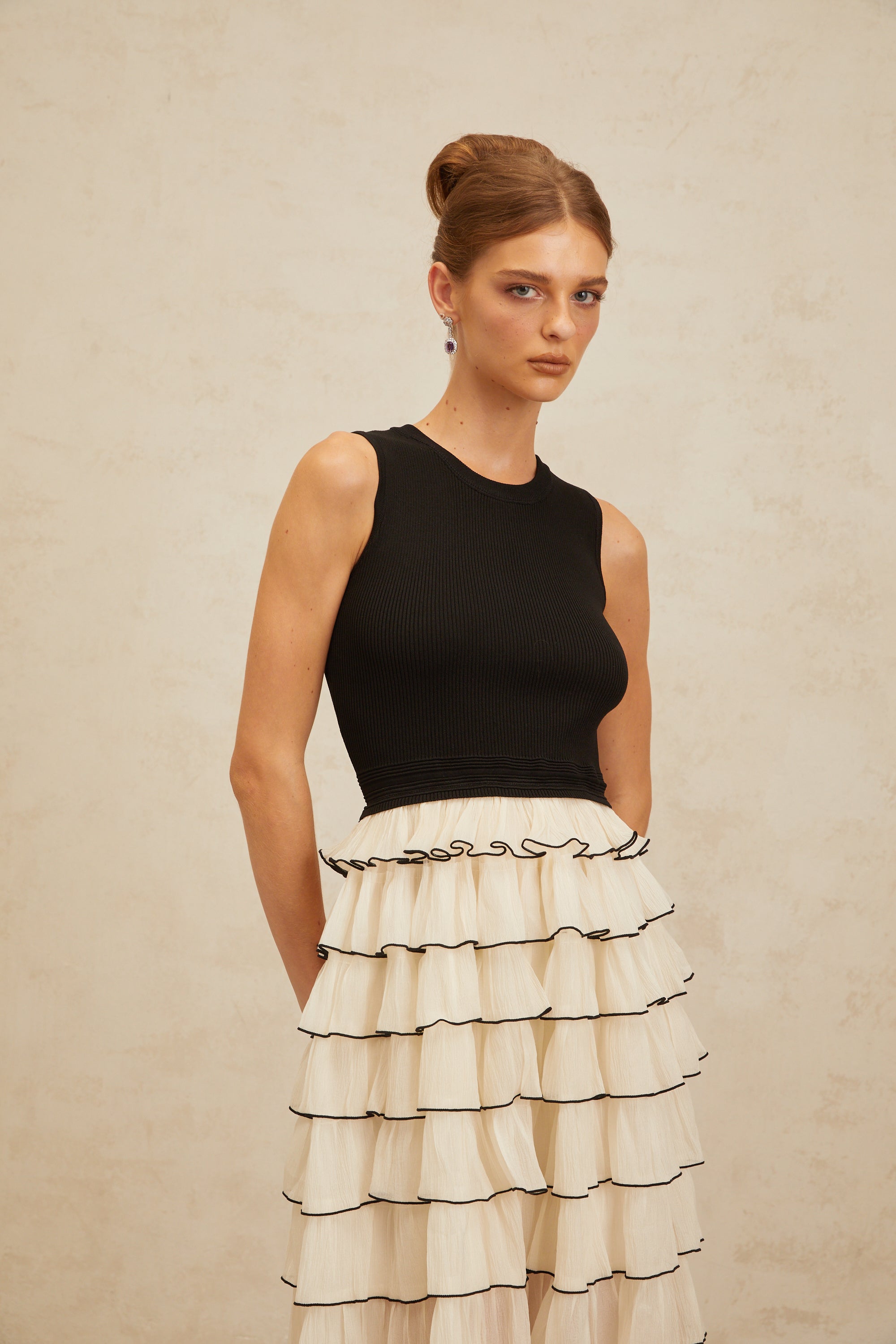 Anouk Contrast Color Tiered Panelled Midi Dress