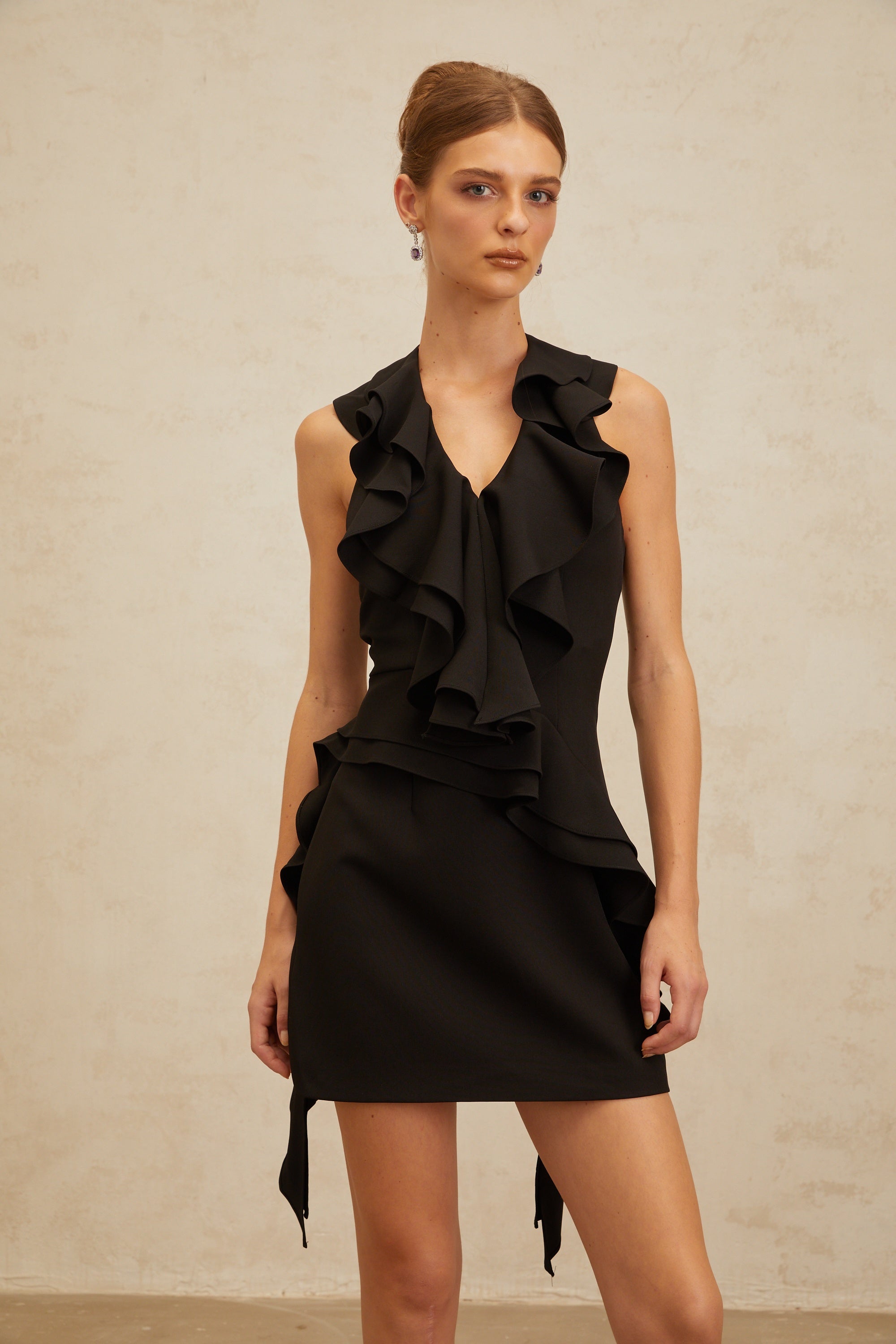 Estelle Black Asymmetrical Ruffled Cocktail Mini Dress