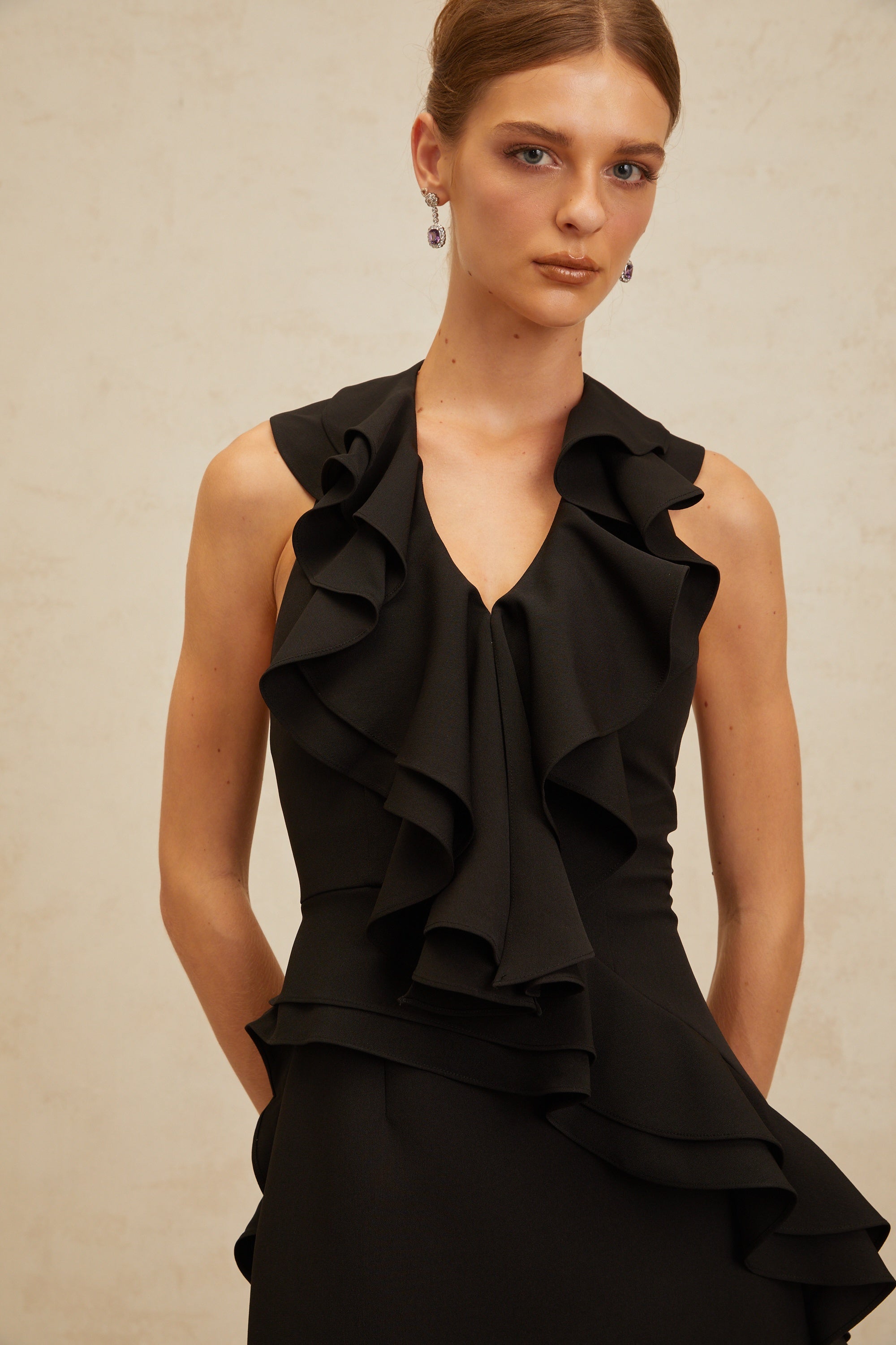 Estelle Black Asymmetrical Ruffled Cocktail Mini Dress