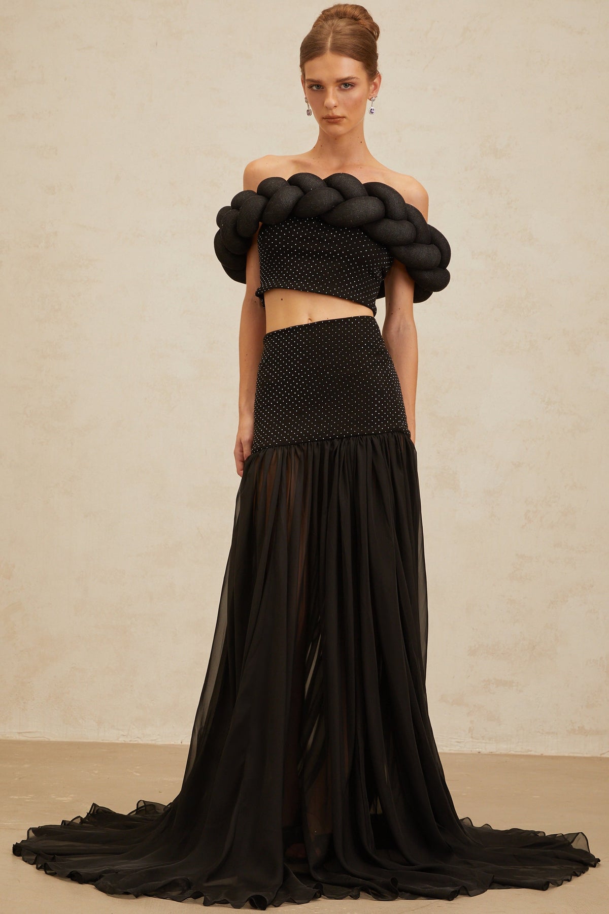 Camille Black Braid-Detail Rhinestone Embellished Crop Top