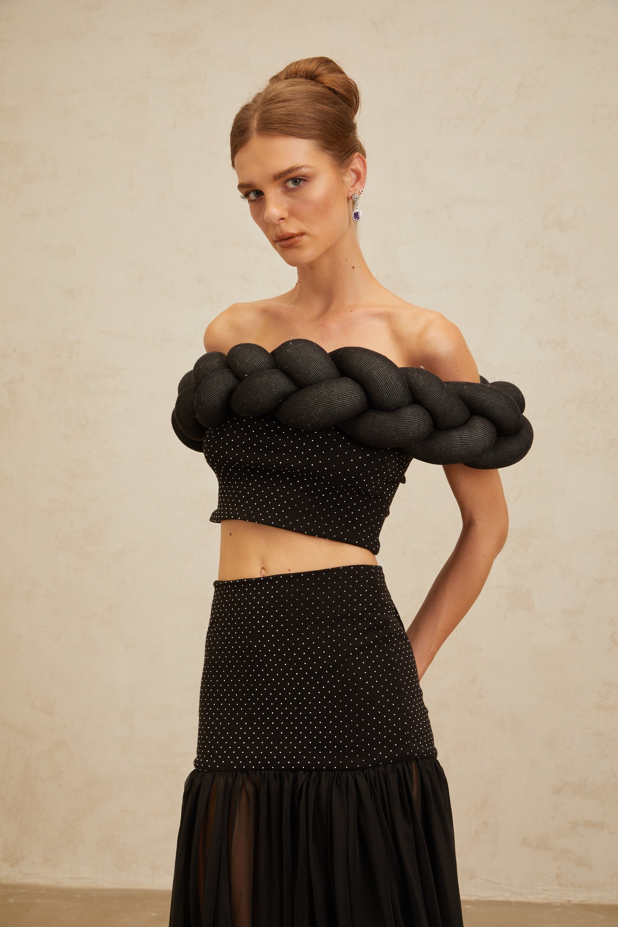 Camille Black Braid-Detail Rhinestone Embellished Crop Top