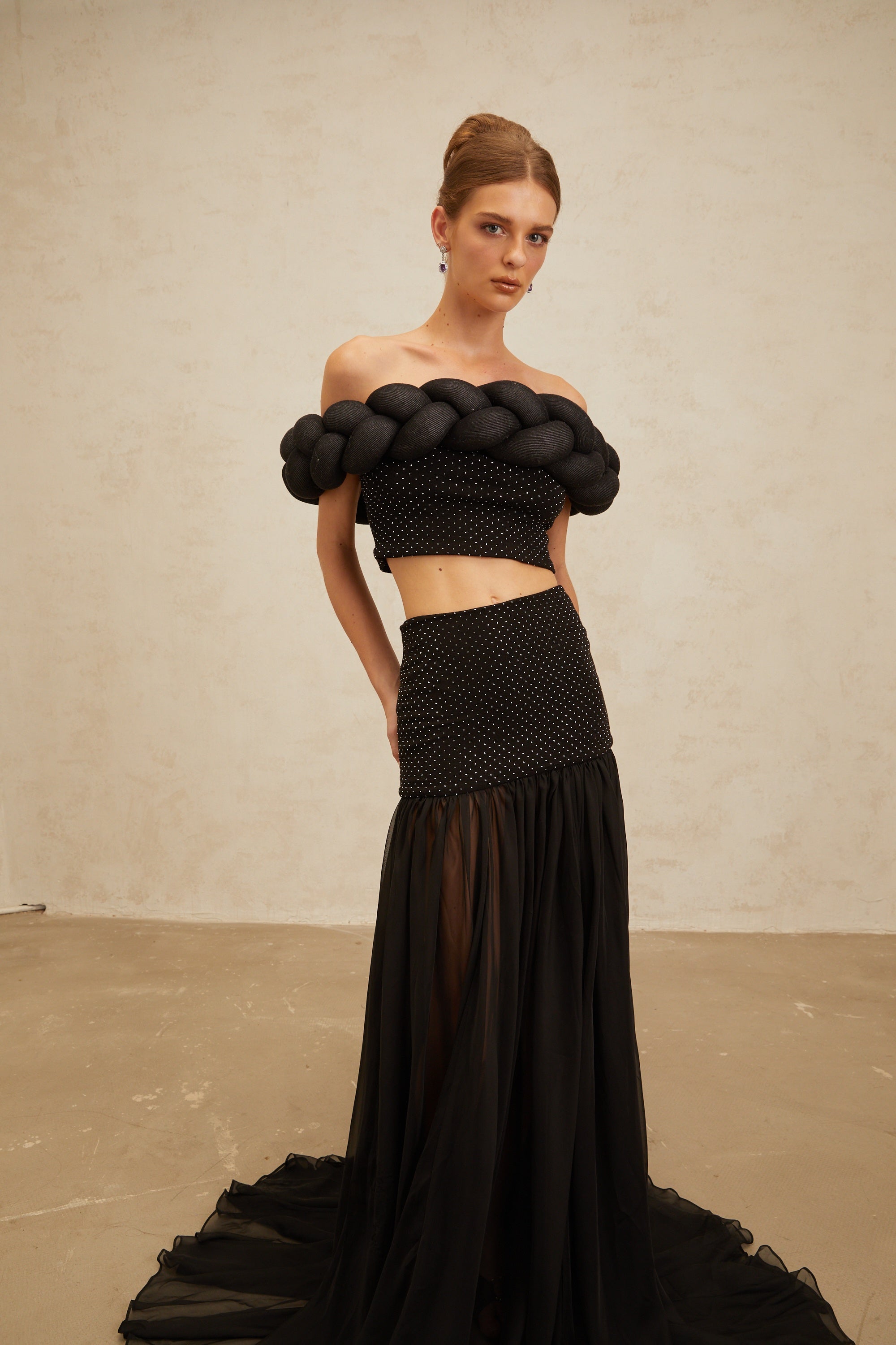 Camille Black Braid-Detail Rhinestone Embellished Crop Top