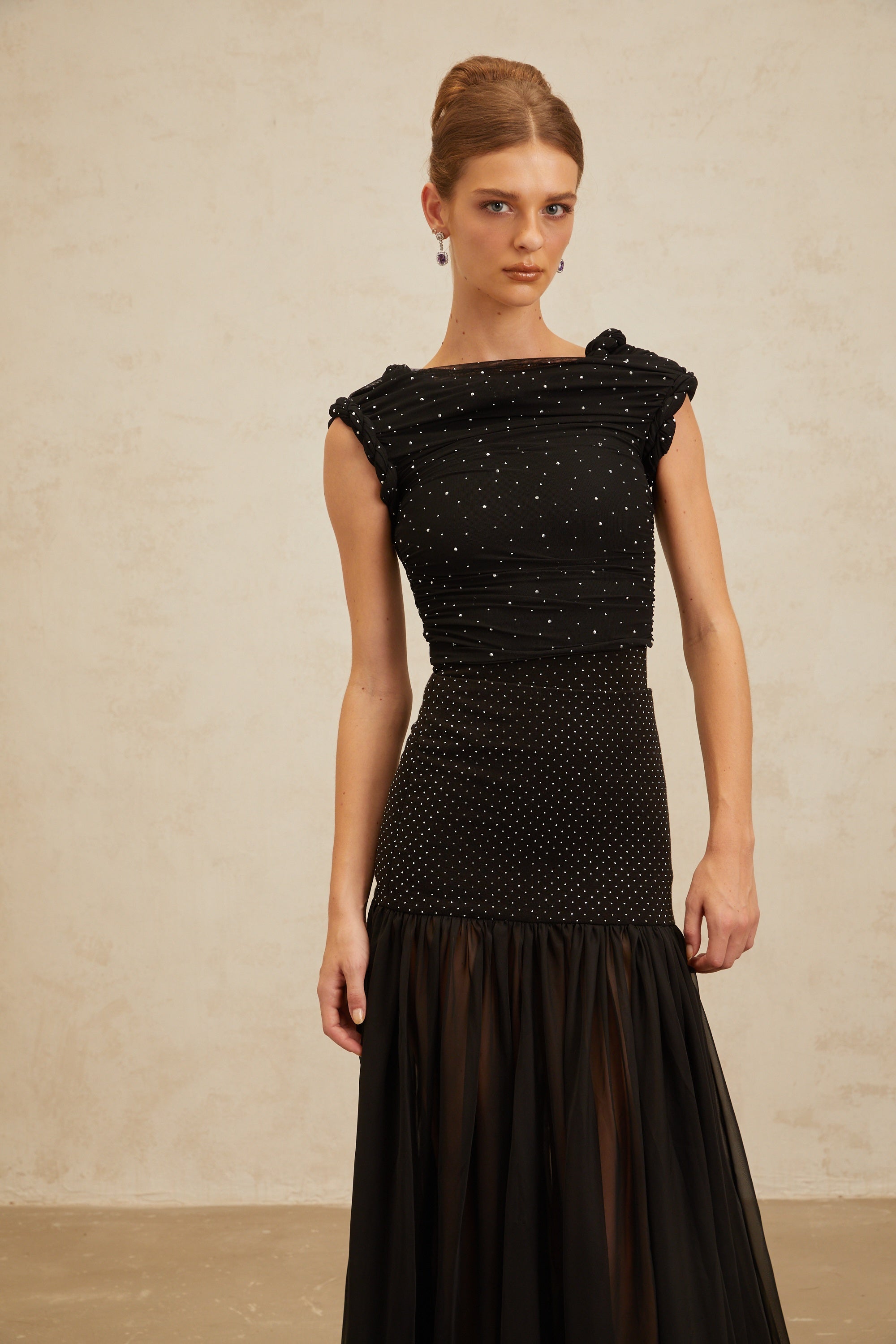 Diane Black Embellished Ruched Crop Top