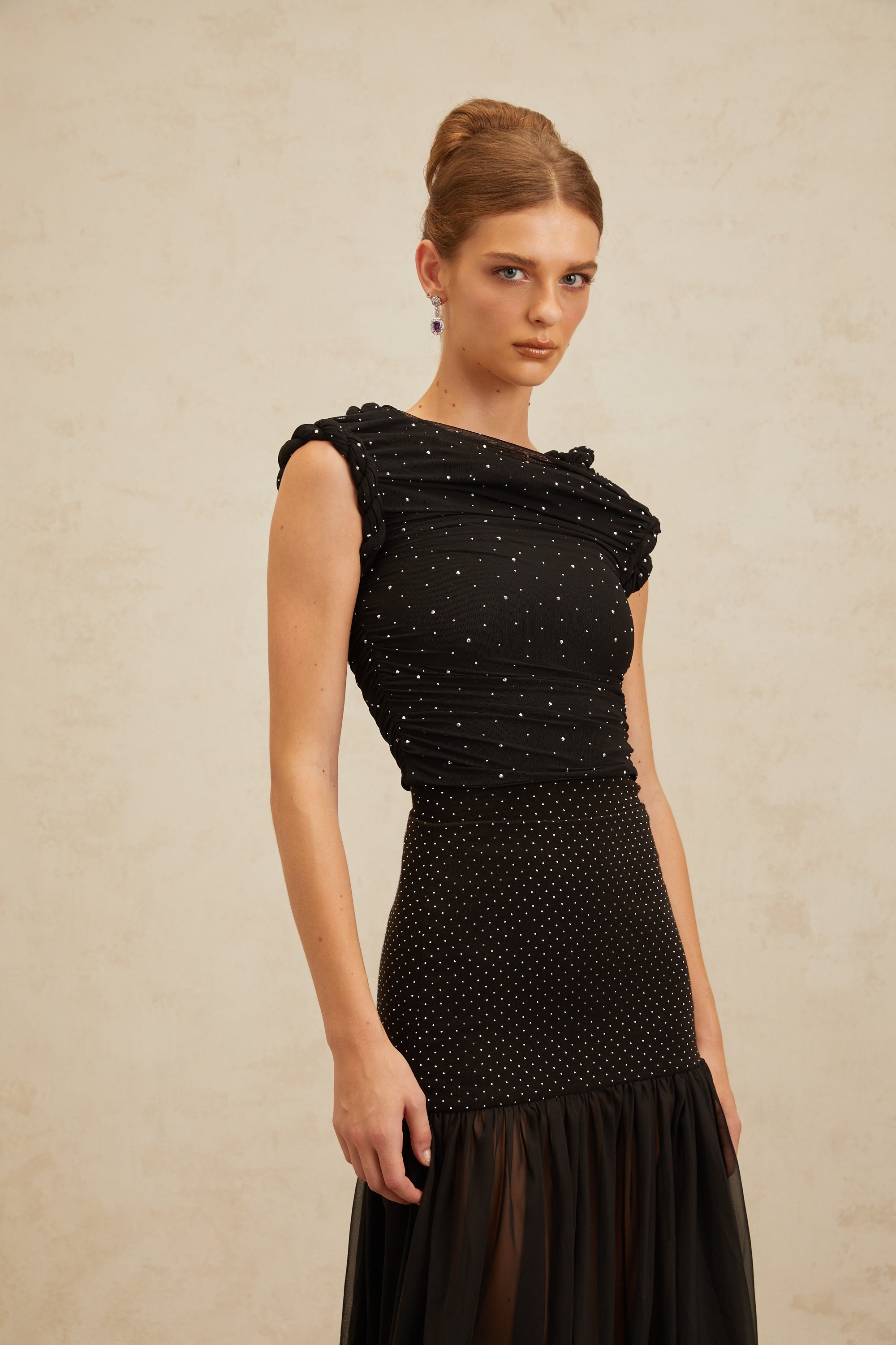 Diane Black Embellished Ruched Crop Top