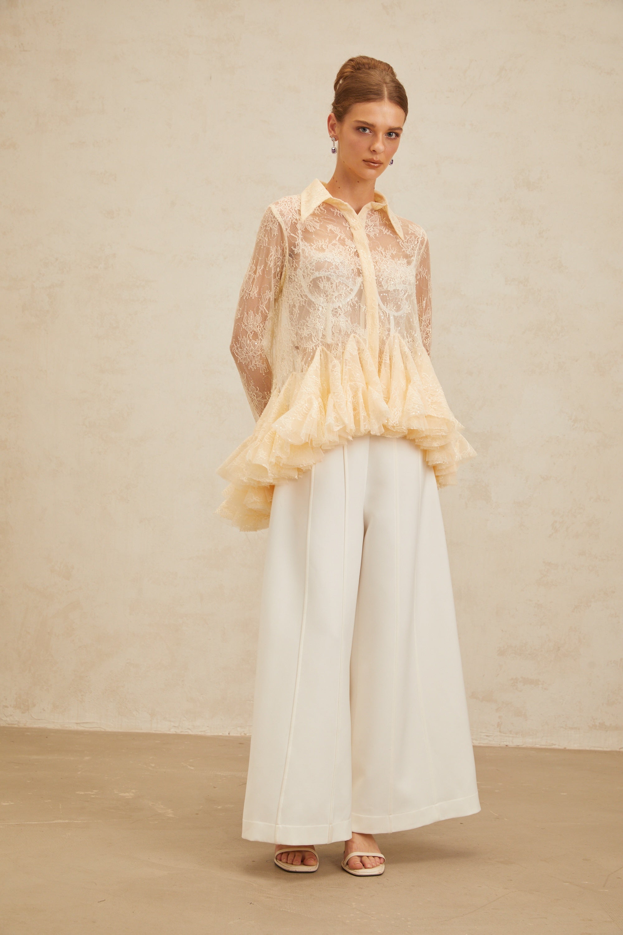 Ingrid Neutral Peplum Floral Lace Blouse