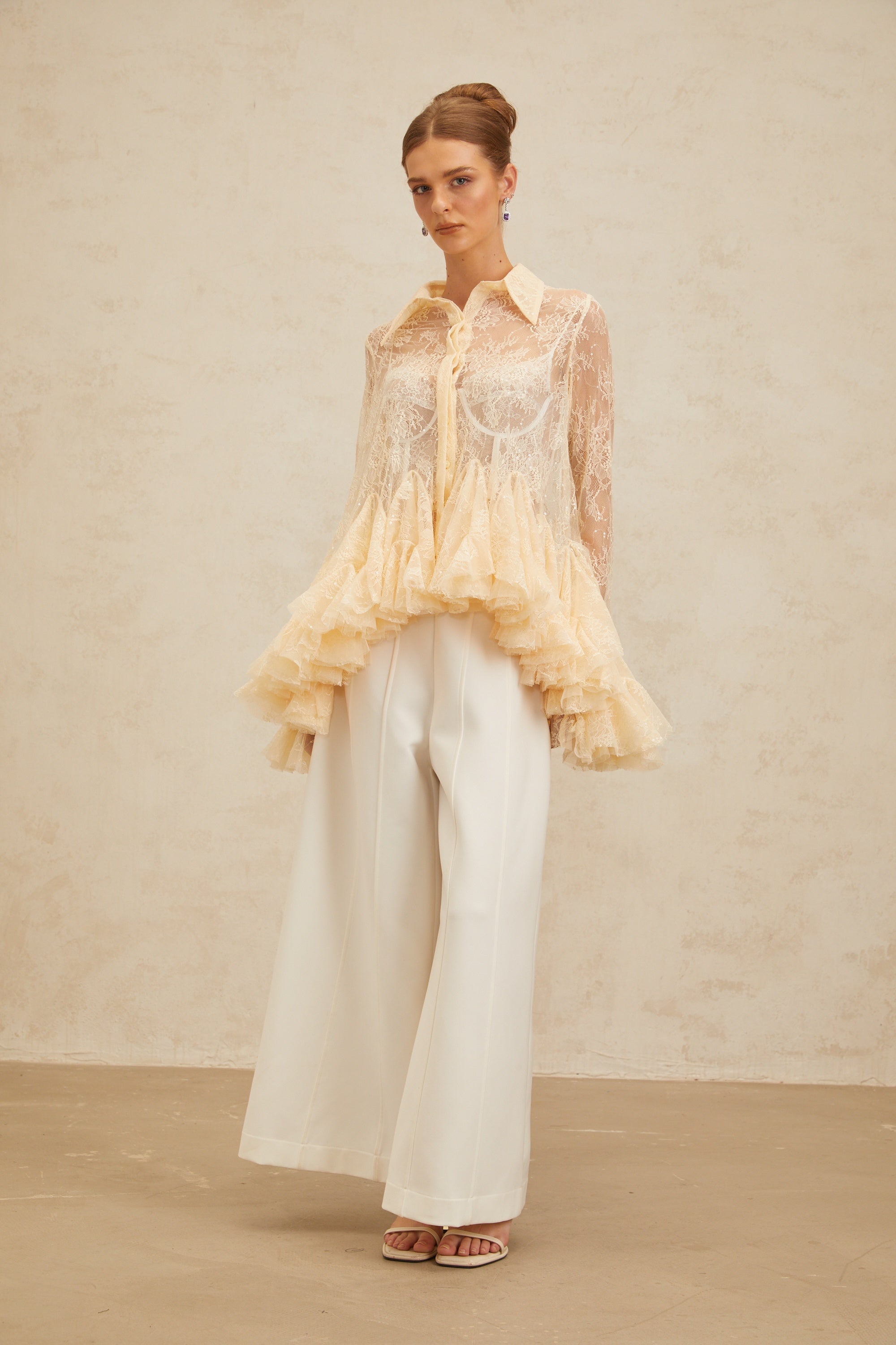 Ingrid Neutral Peplum Floral Lace Blouse