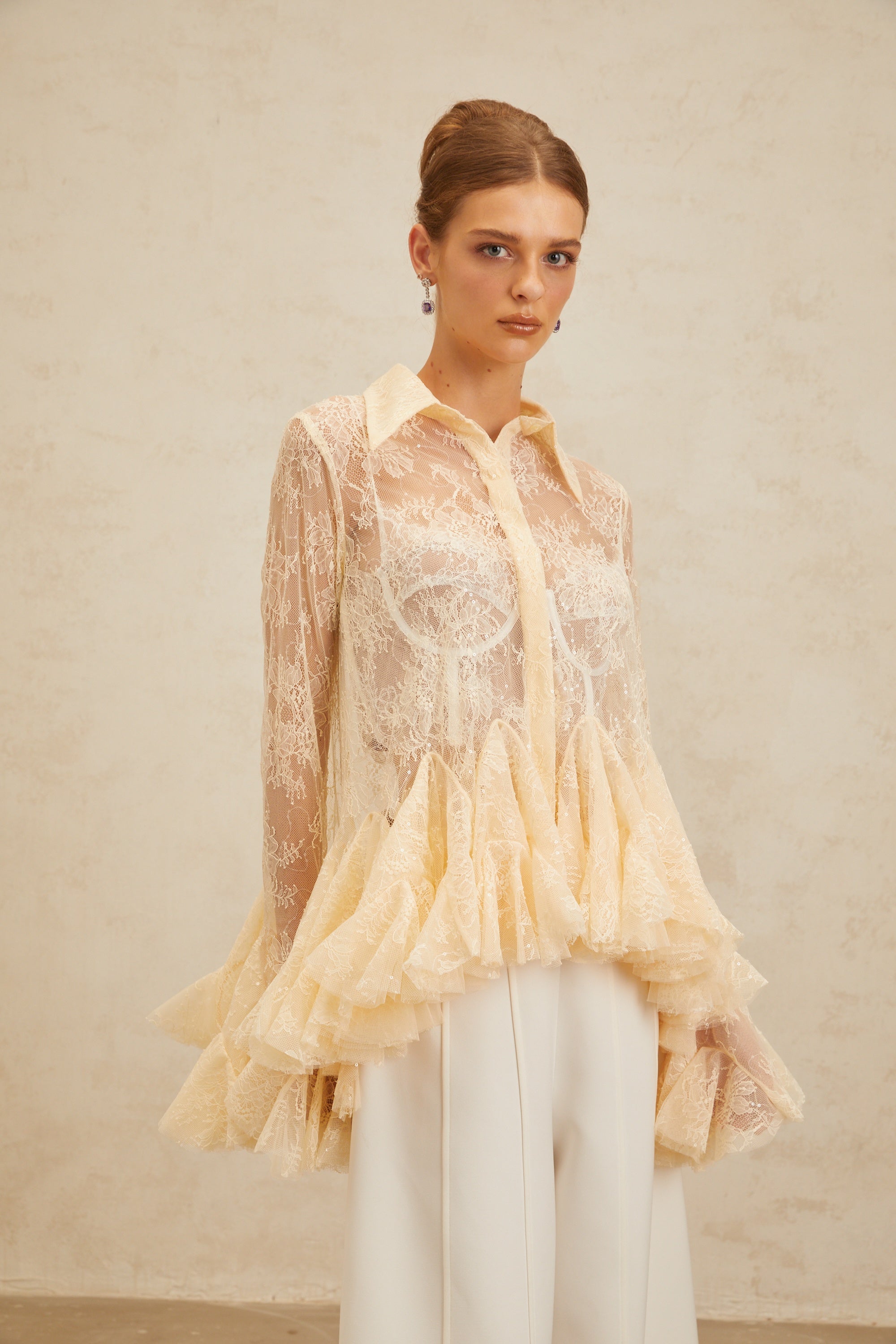 Ingrid Neutral Peplum Floral Lace Blouse