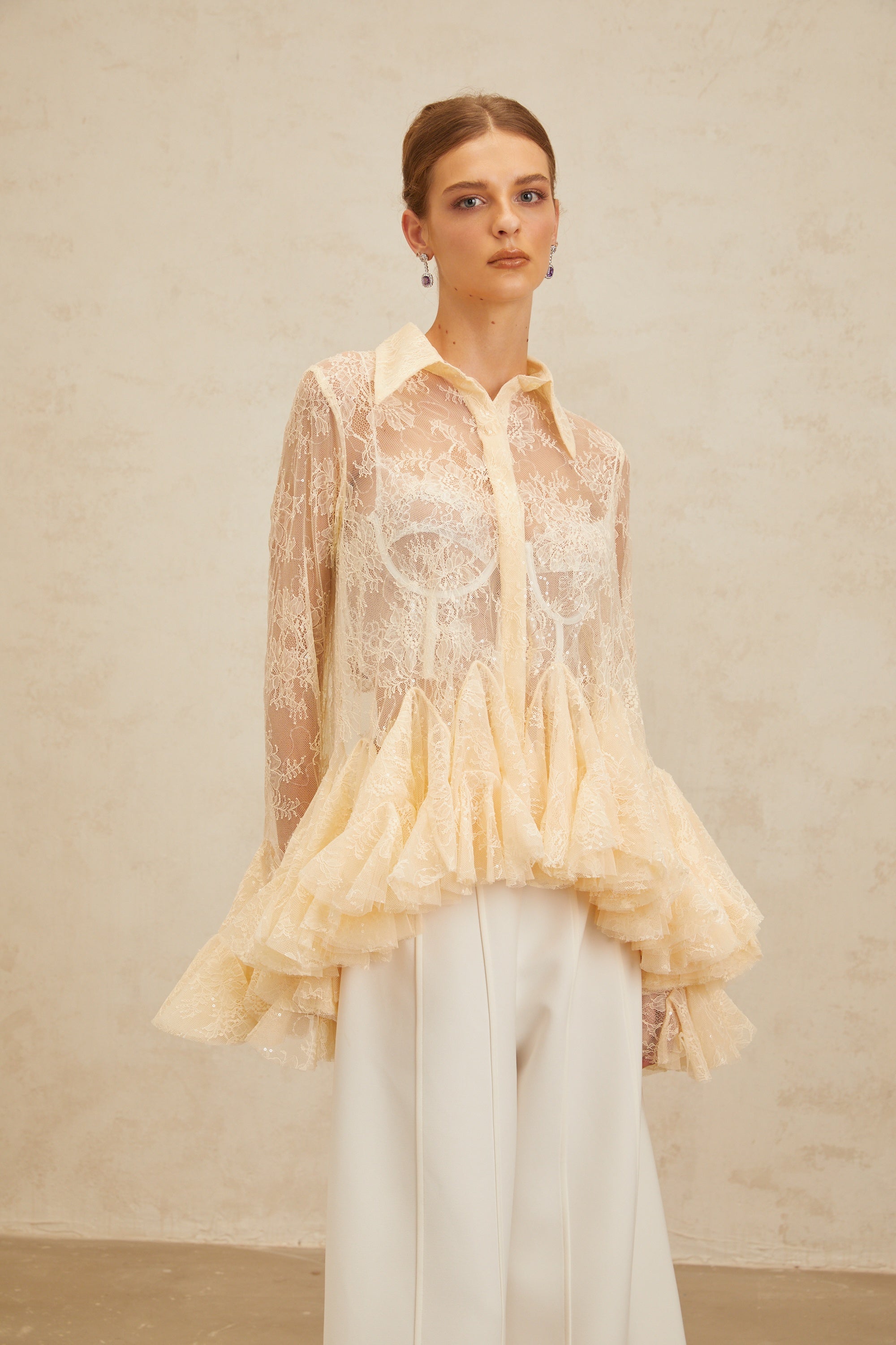 Ingrid Neutral Peplum Floral Lace Blouse